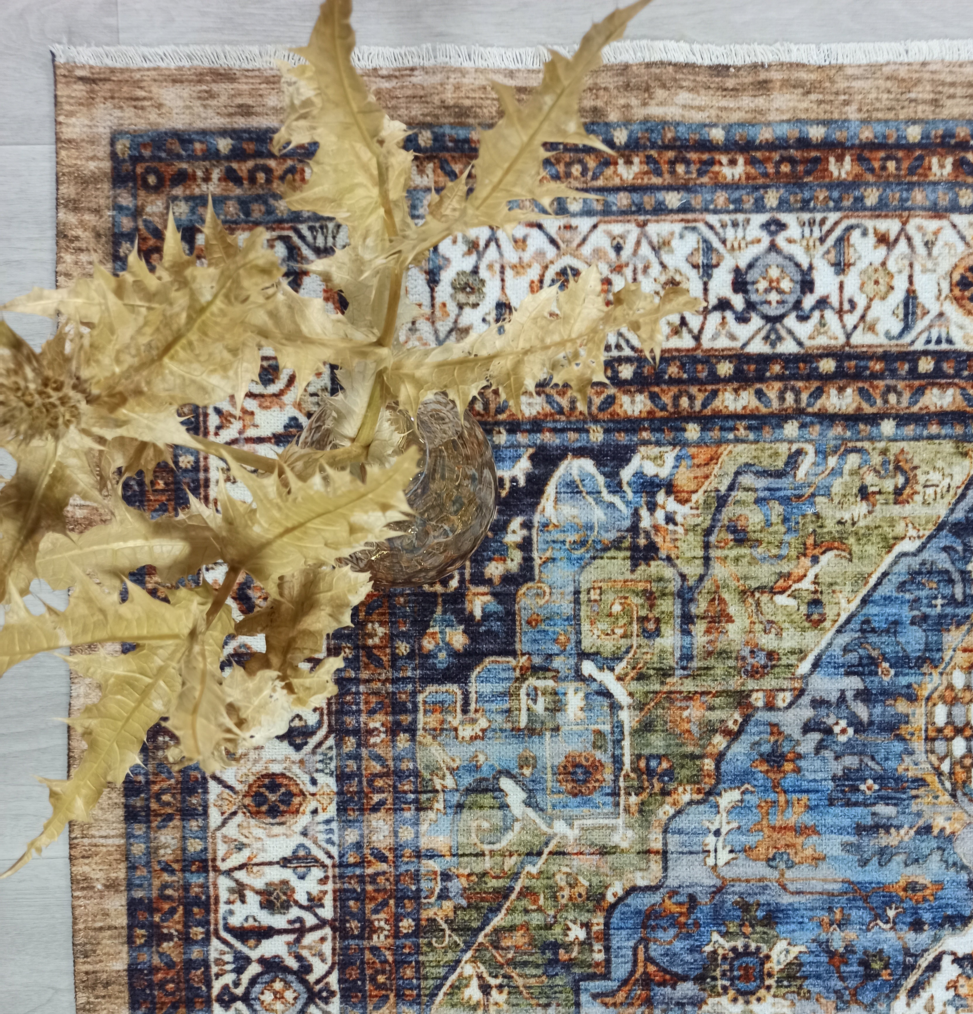 Nuran Turkish Vintage Medallion Style Brown Navy Blue Rug