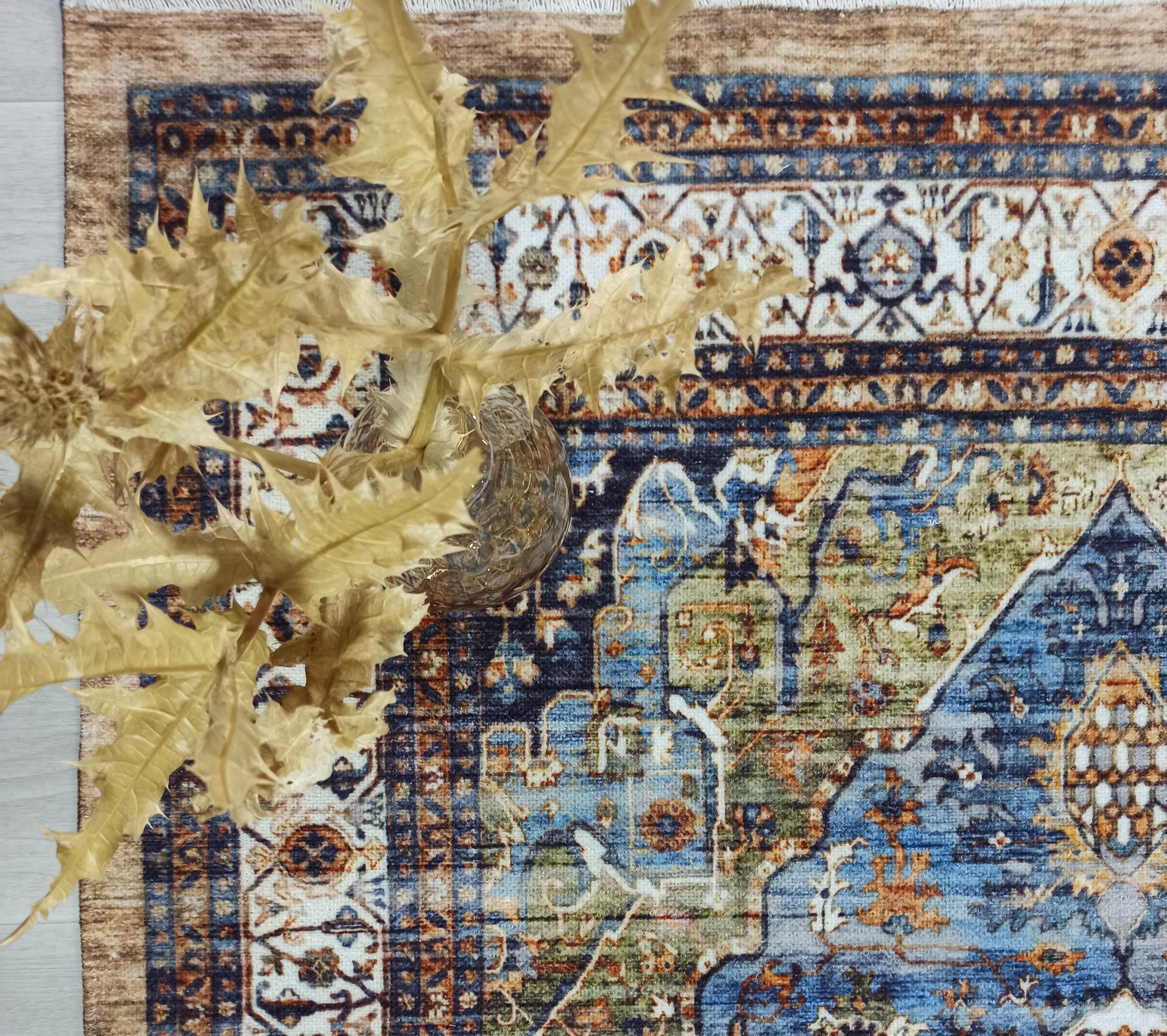 Nuran Turkish Vintage Medallion Style Brown Navy Blue Rug