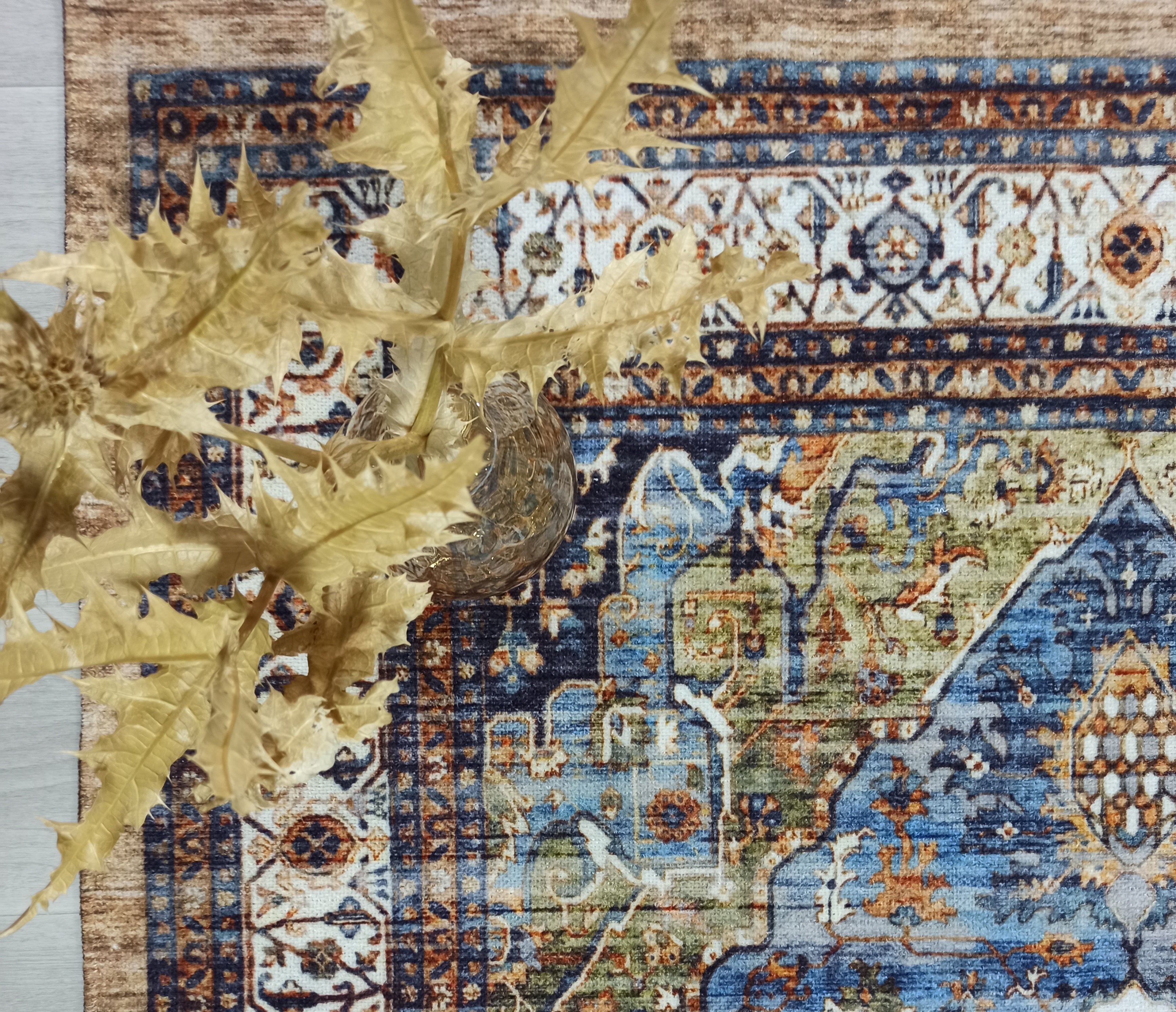 Nuran Turkish Vintage Medallion Style Brown Navy Blue Rug