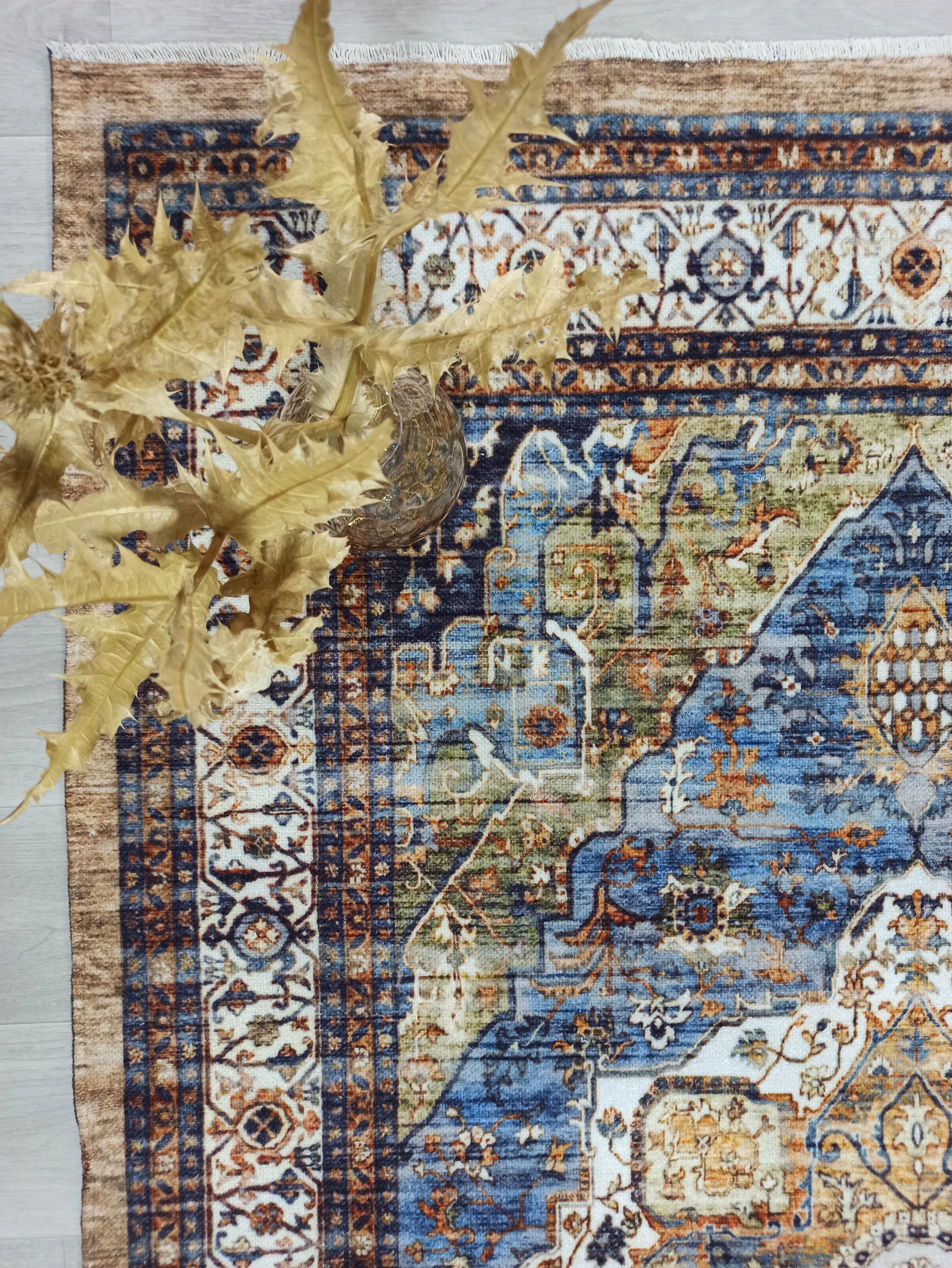 Nuran Turkish Vintage Medallion Style Brown Navy Blue Rug