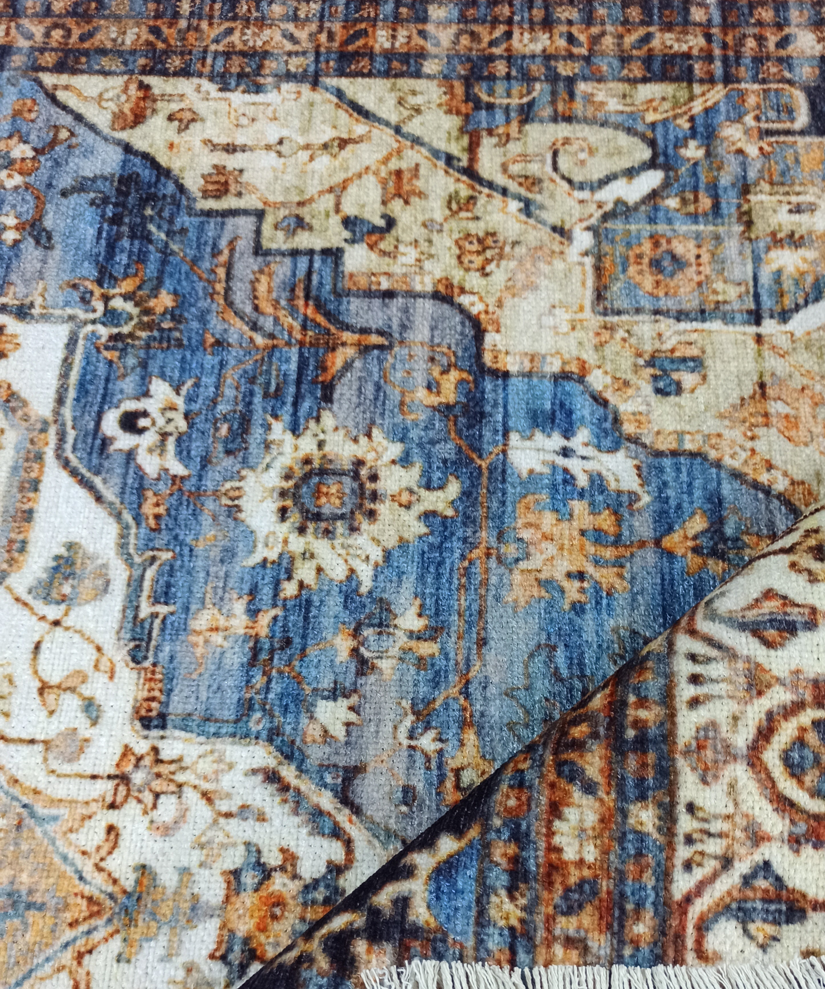 Nuran Turkish Vintage Medallion Style Brown Navy Blue Rug