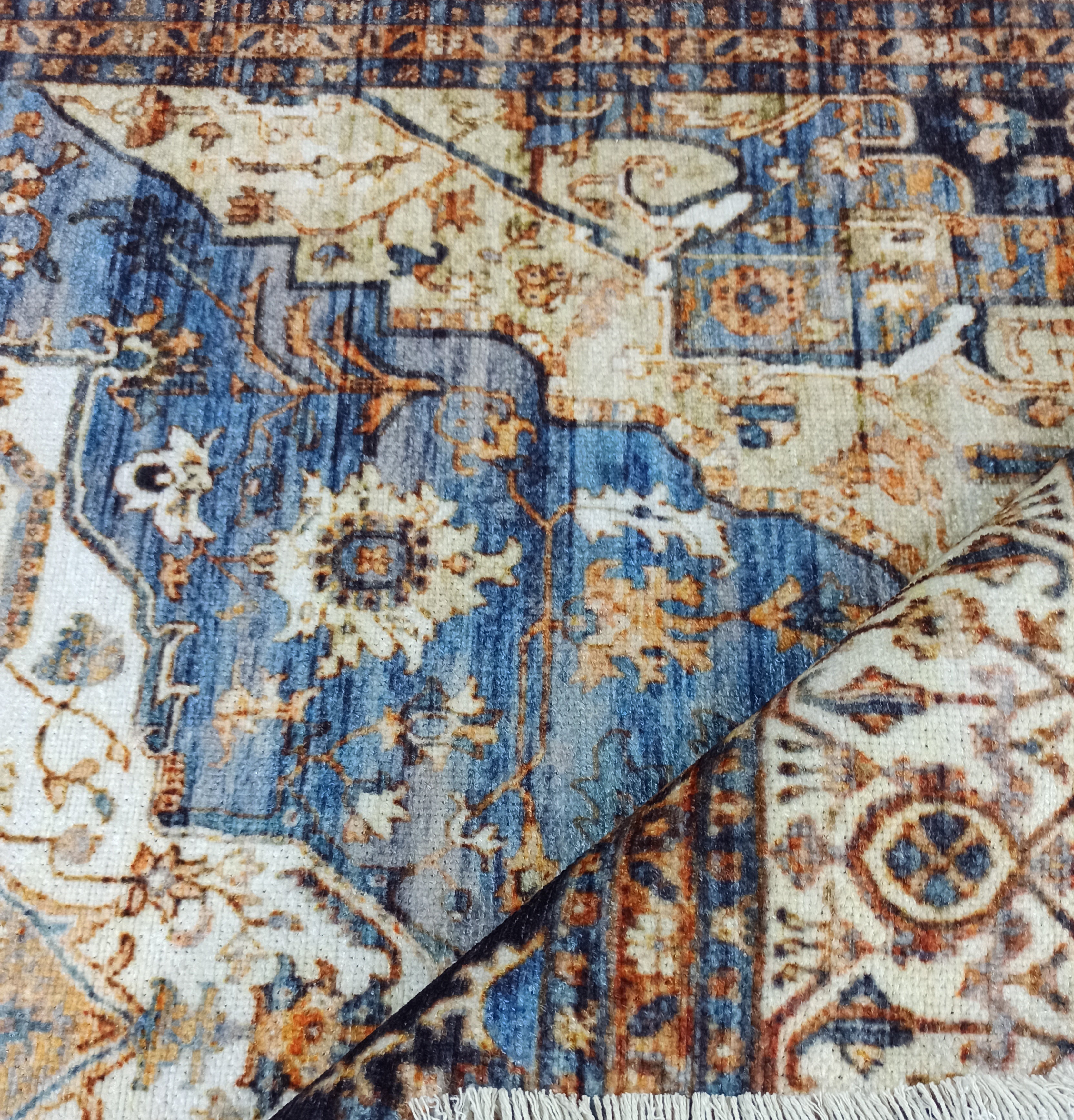 Nuran Turkish Vintage Medallion Style Brown Navy Blue Rug