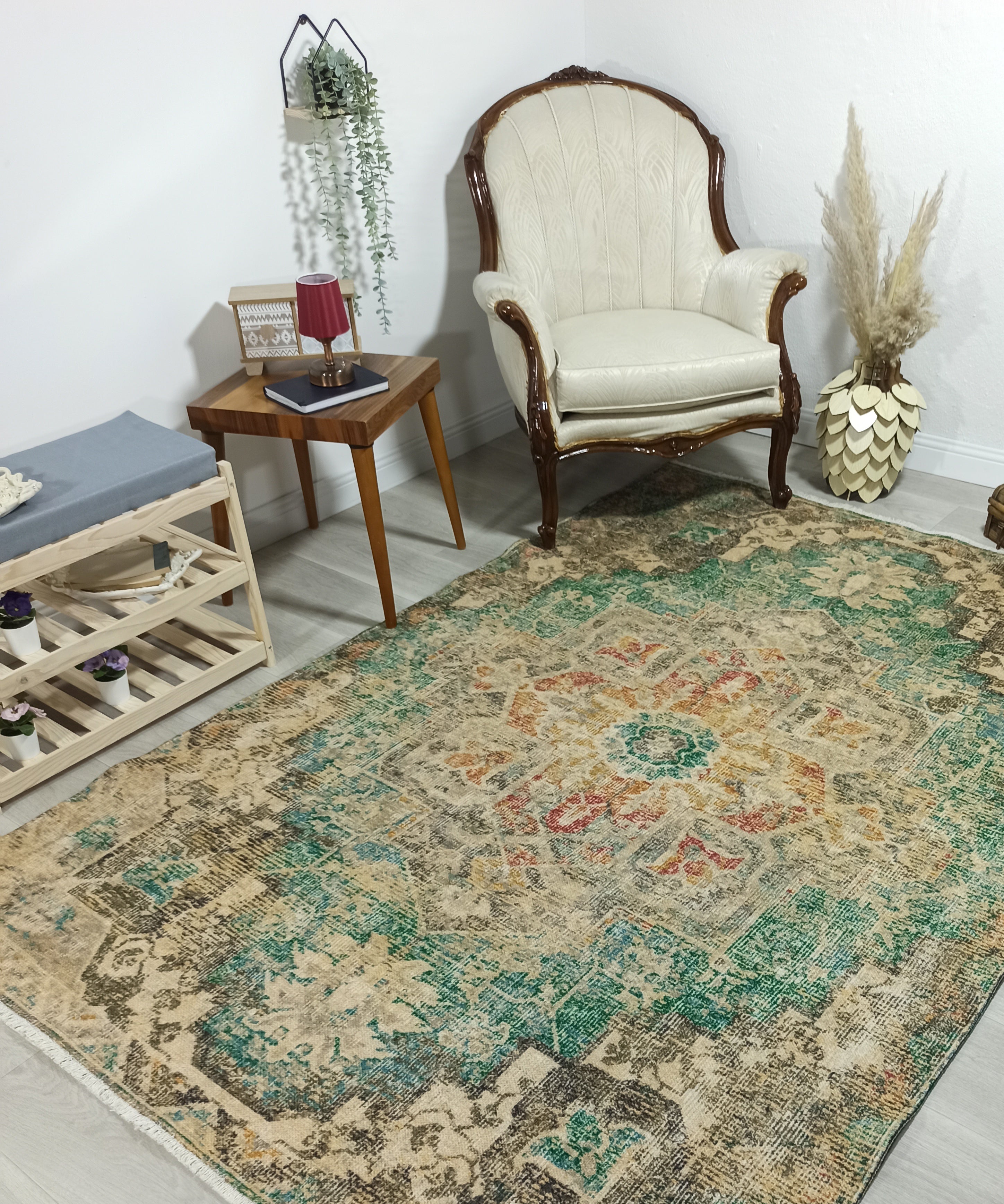 Lema Turkish Vintage Medallion Style Beige Green Rug