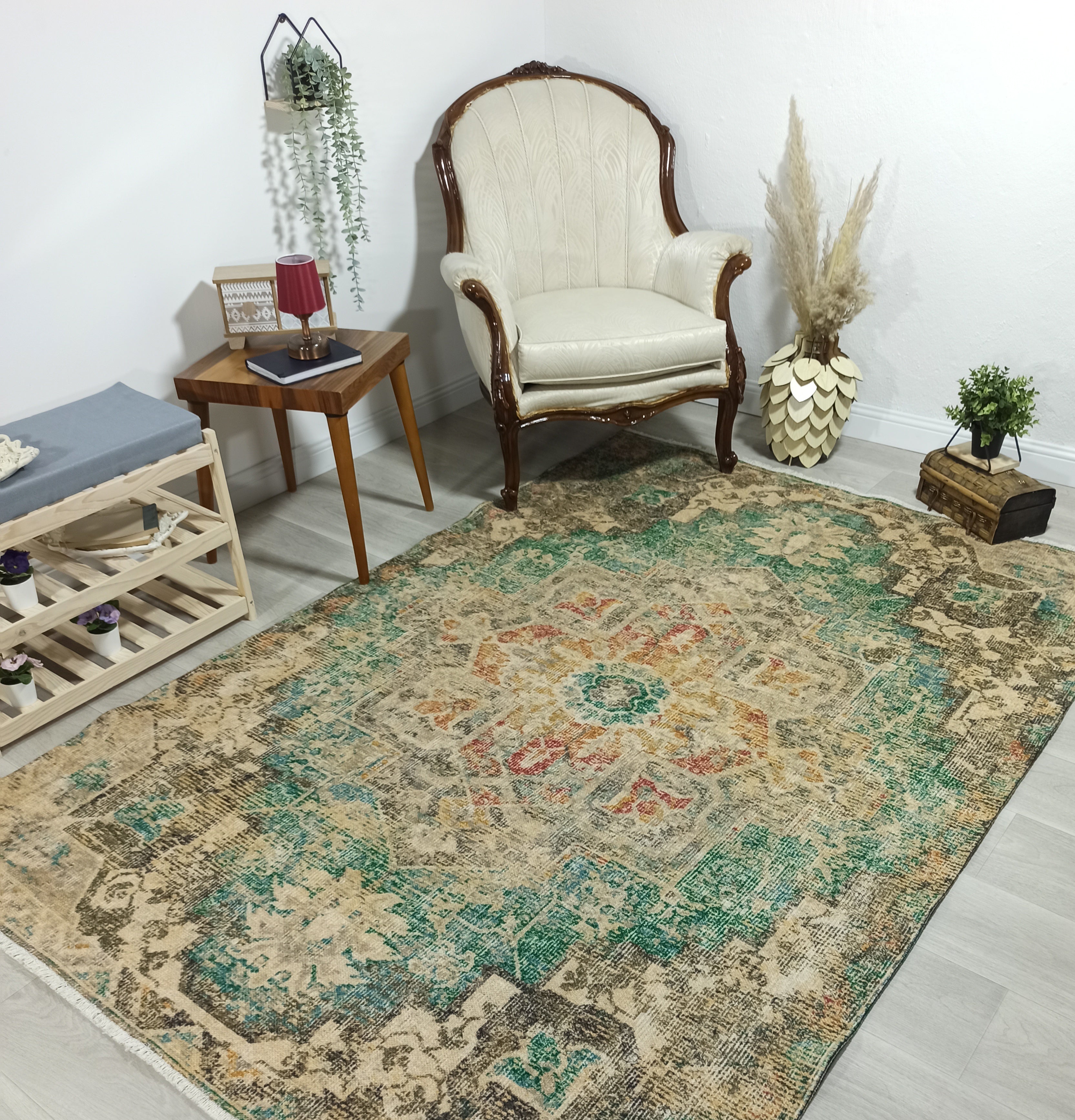 Lema Turkish Vintage Medallion Style Beige Green Rug