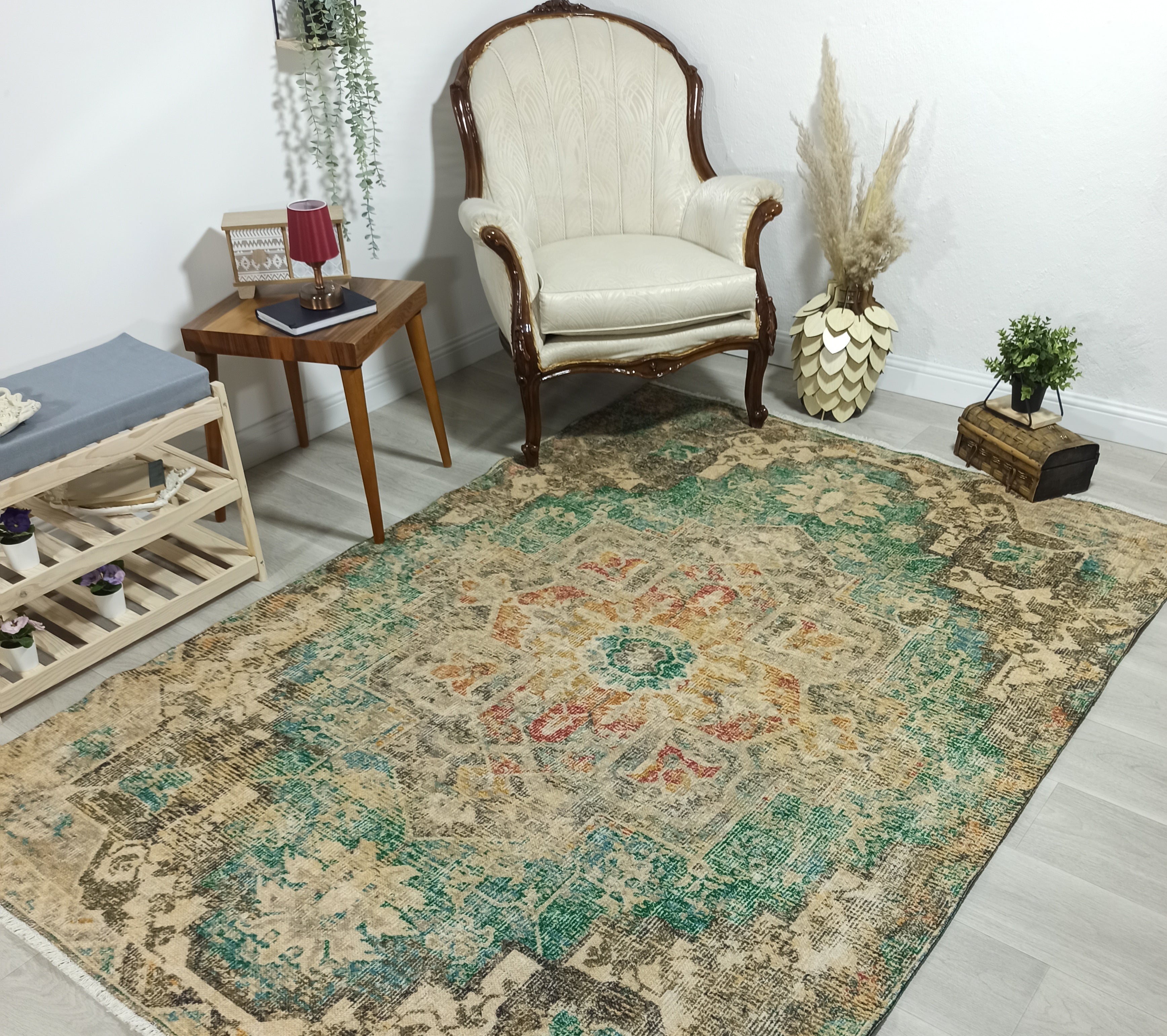 Lema Turkish Vintage Medallion Style Beige Green Rug