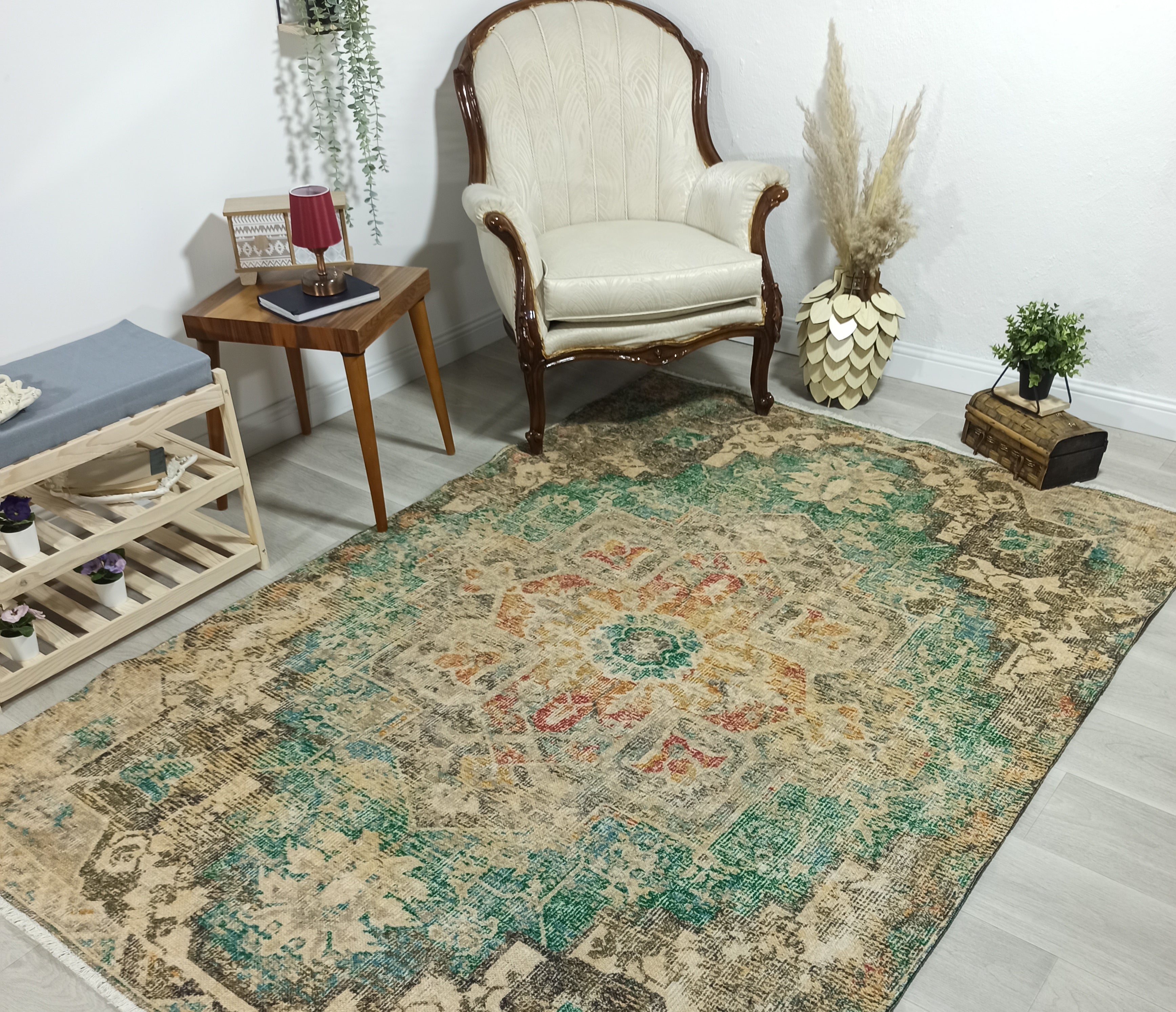 Lema Turkish Vintage Medallion Style Beige Green Rug