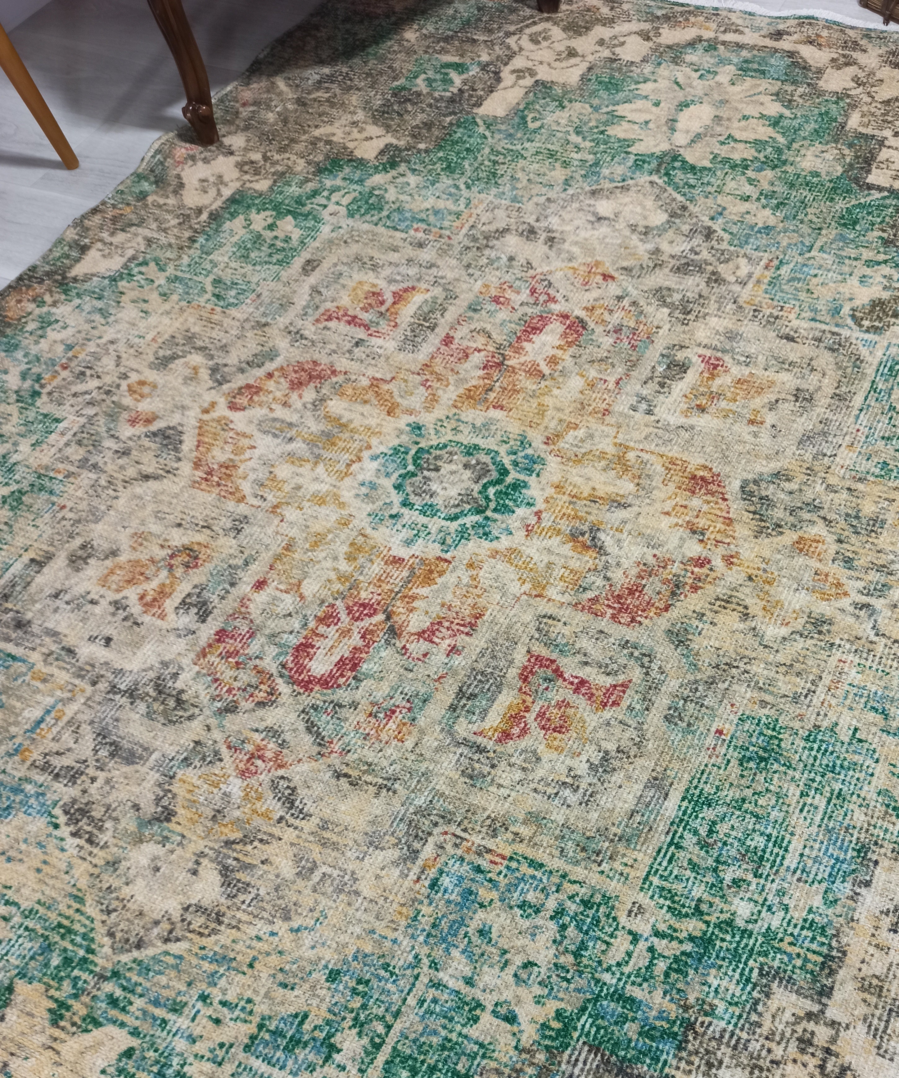 Lema Turkish Vintage Medallion Style Beige Green Rug