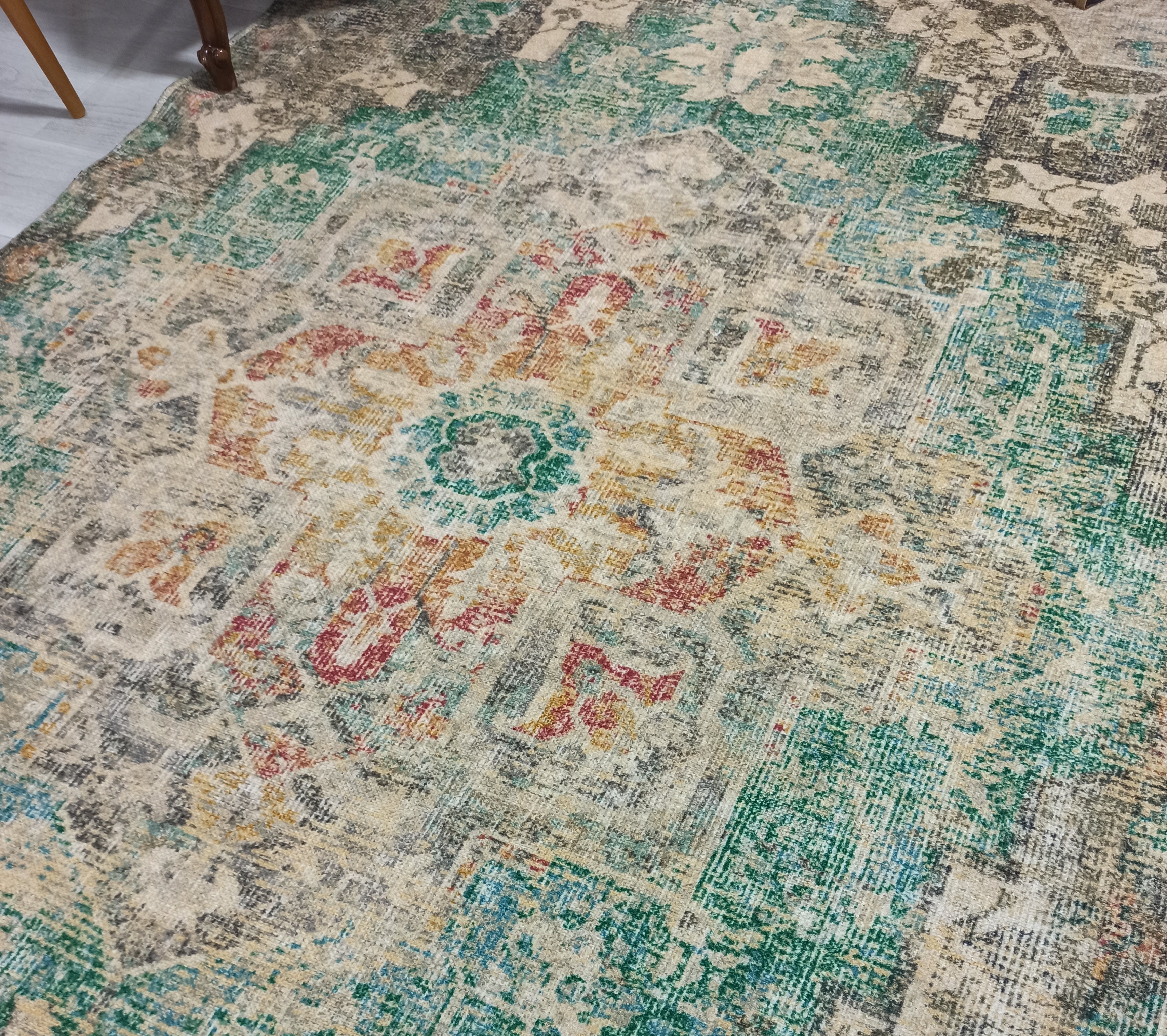 Lema Turkish Vintage Medallion Style Beige Green Rug