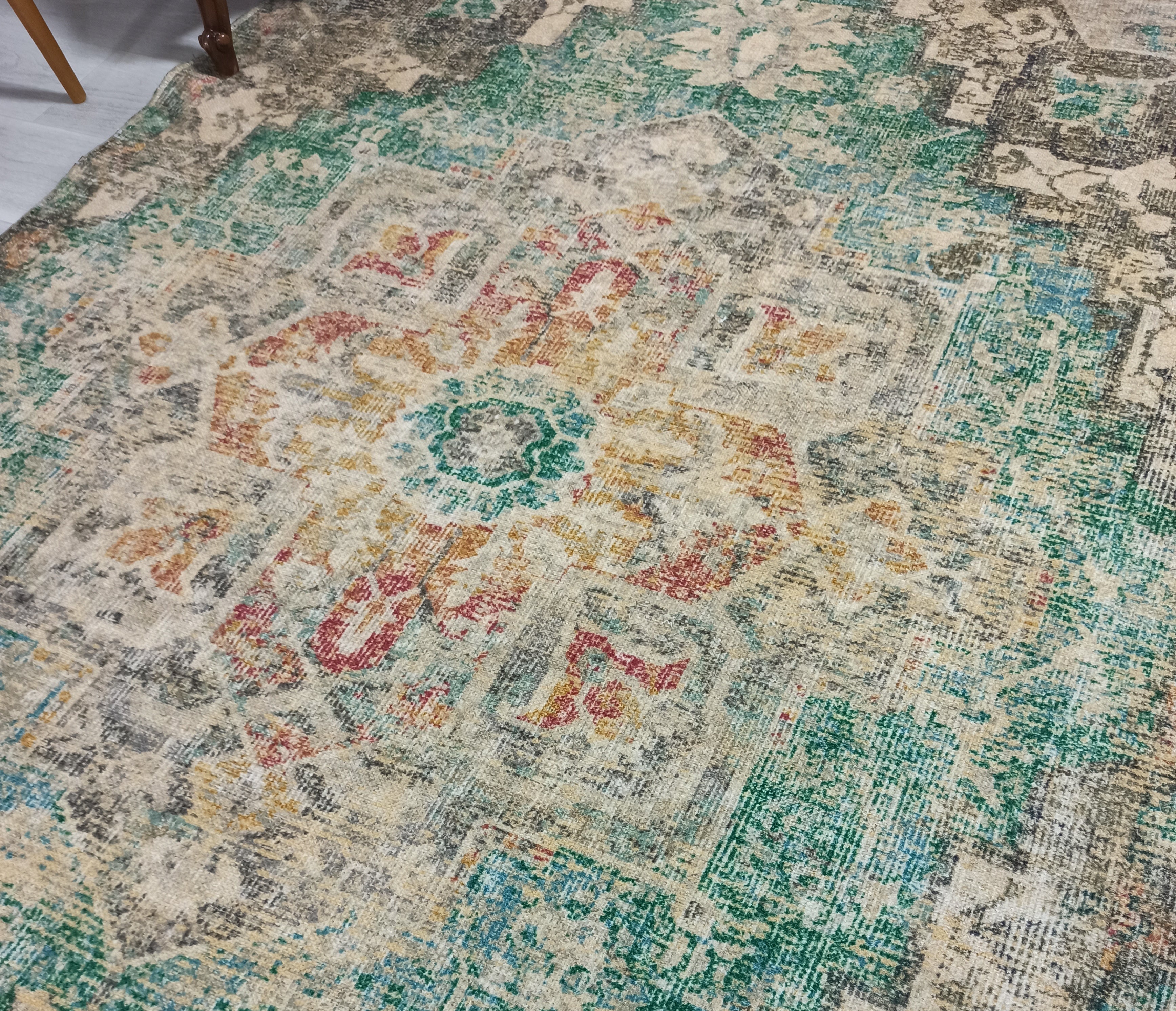 Lema Turkish Vintage Medallion Style Beige Green Rug