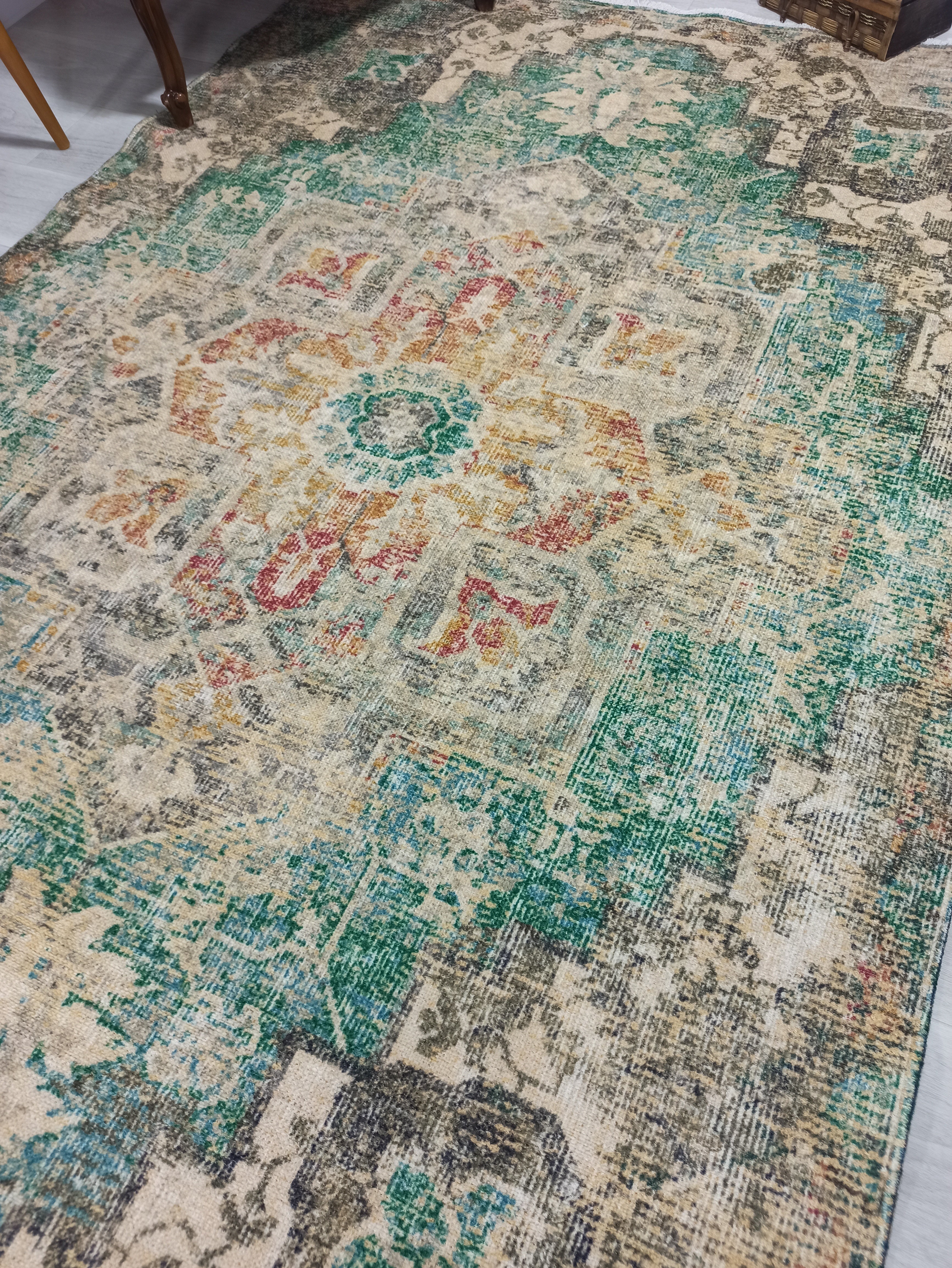 Lema Turkish Vintage Medallion Style Beige Green Rug