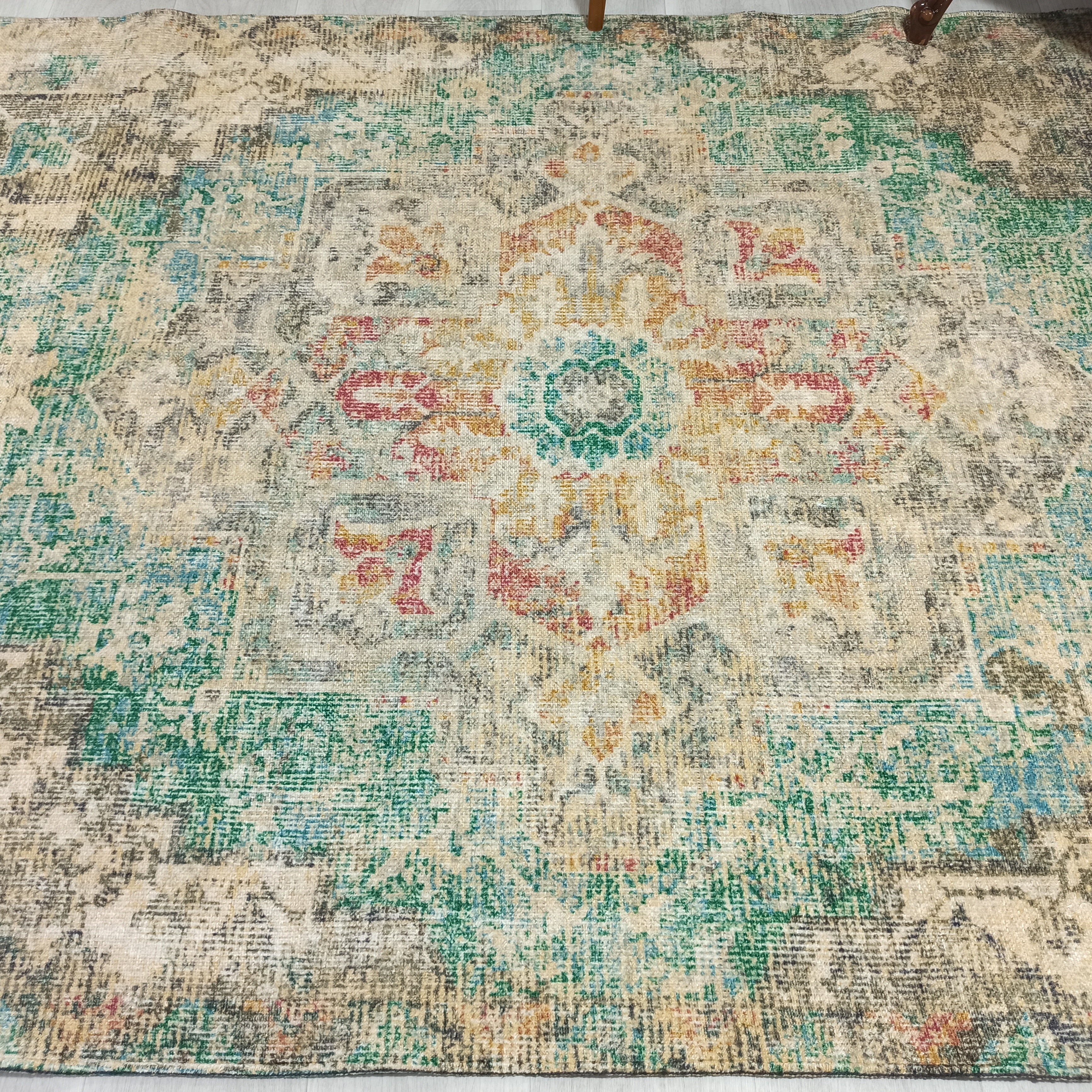 Lema Turkish Vintage Medallion Style Beige Green Rug