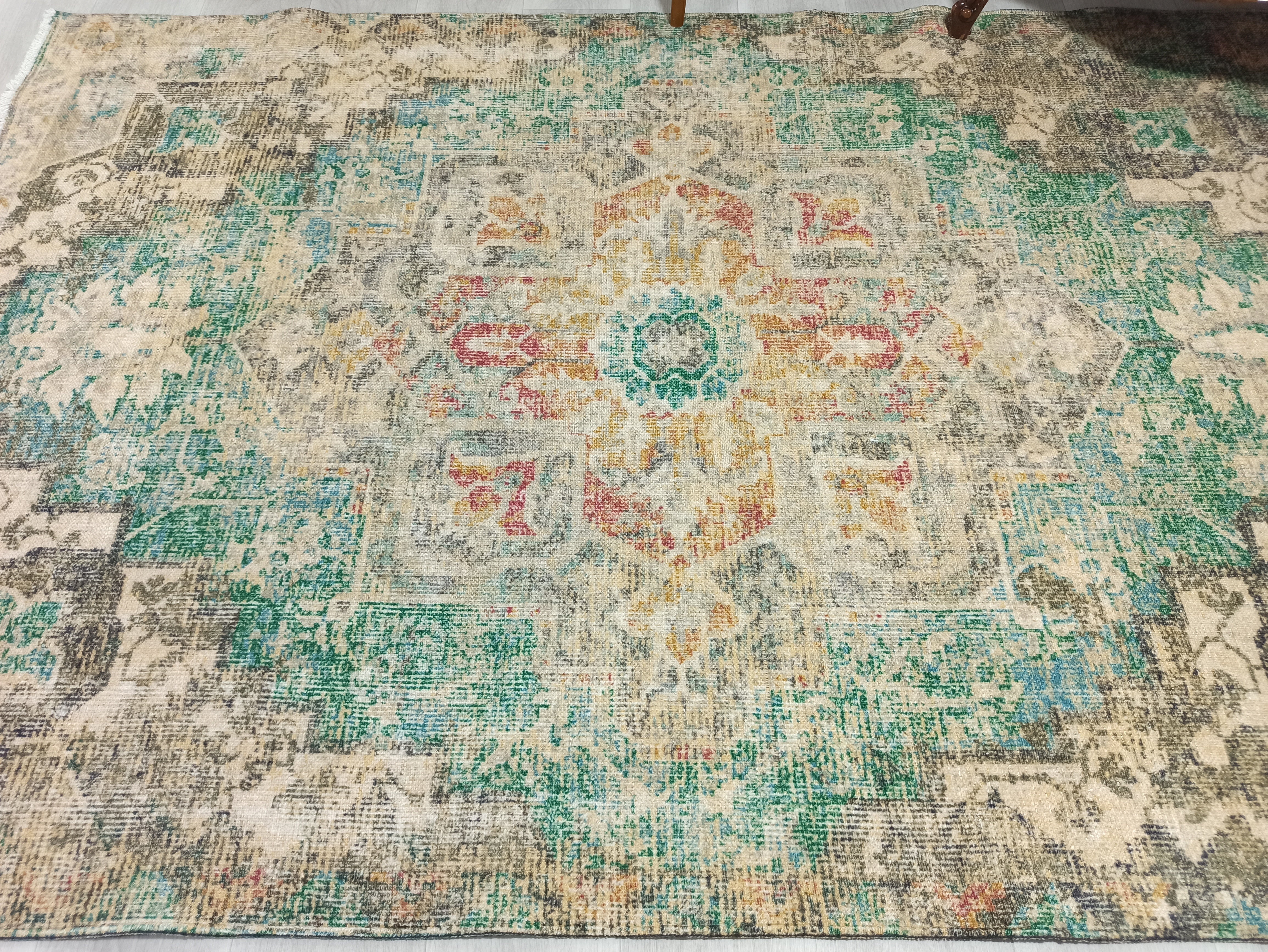 Lema Turkish Vintage Medallion Style Beige Green Rug