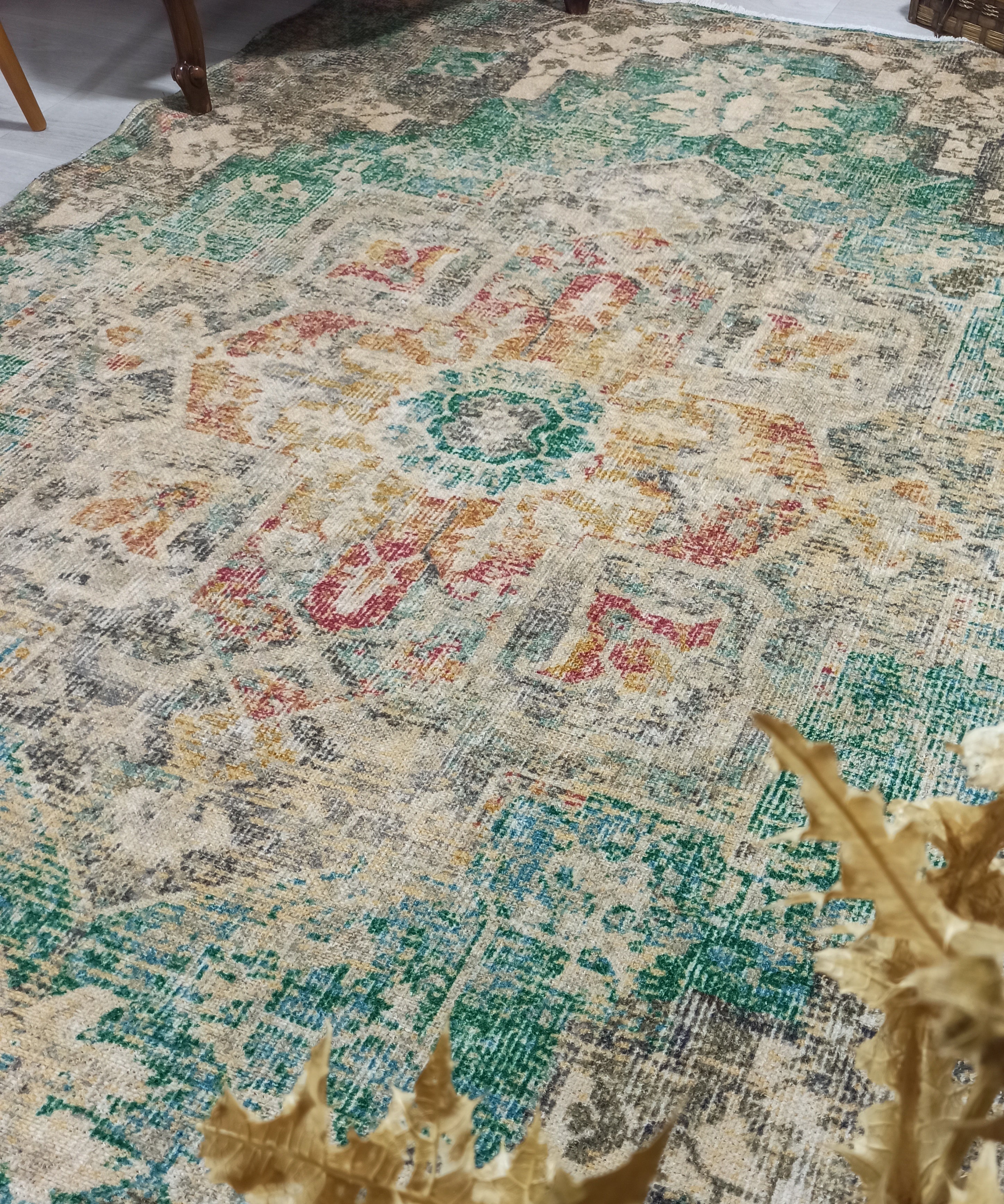 Lema Turkish Vintage Medallion Style Beige Green Rug