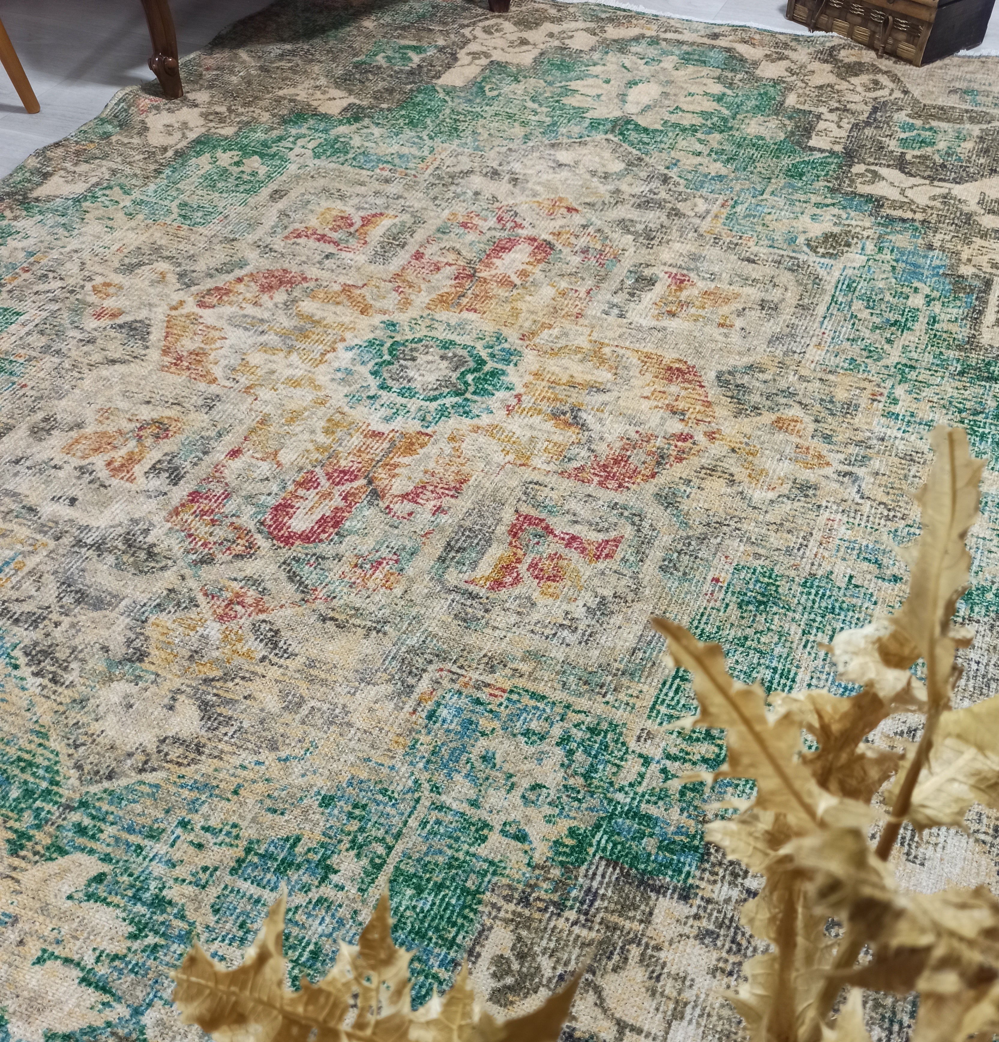 Lema Turkish Vintage Medallion Style Beige Green Rug