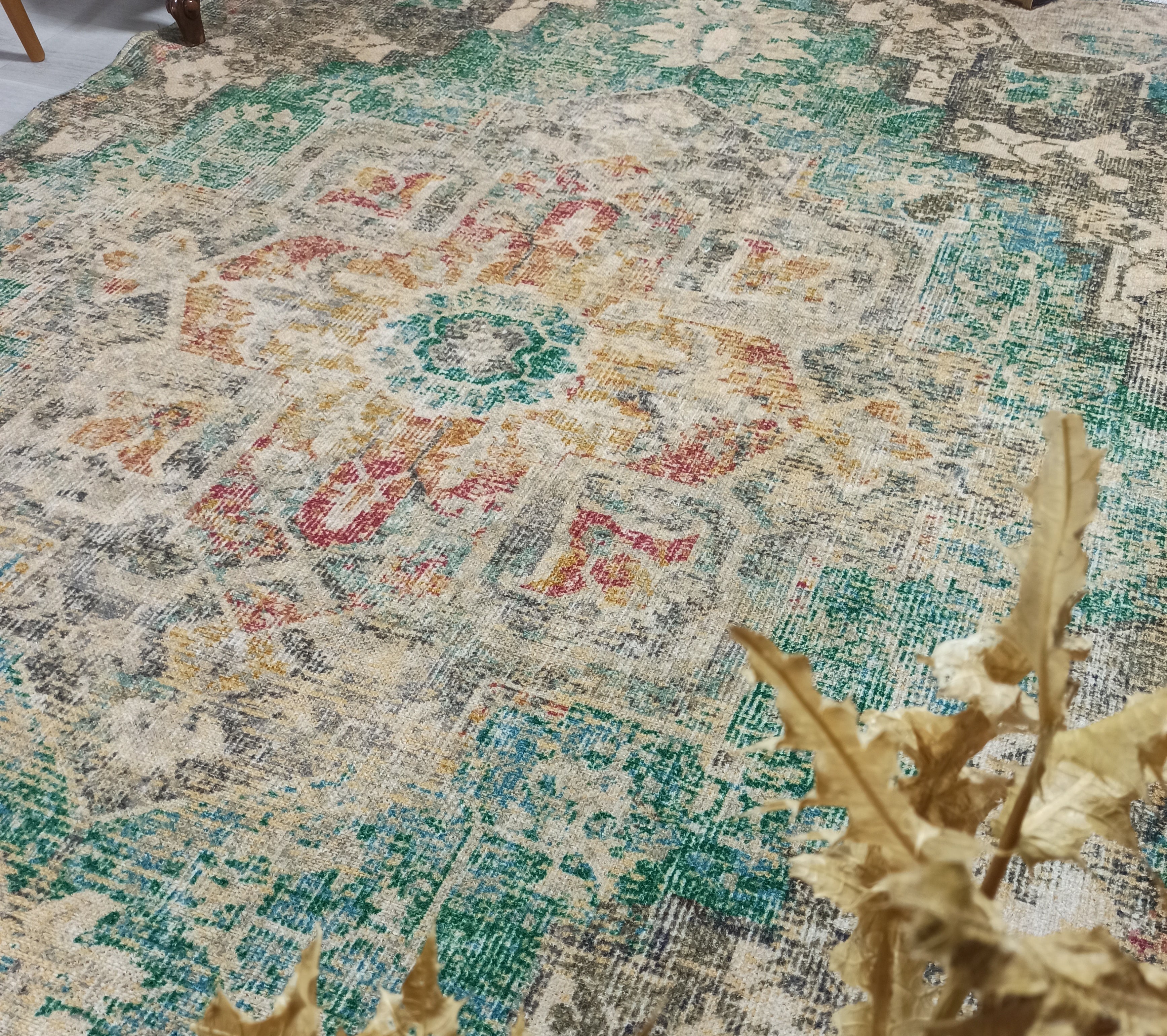 Lema Turkish Vintage Medallion Style Beige Green Rug