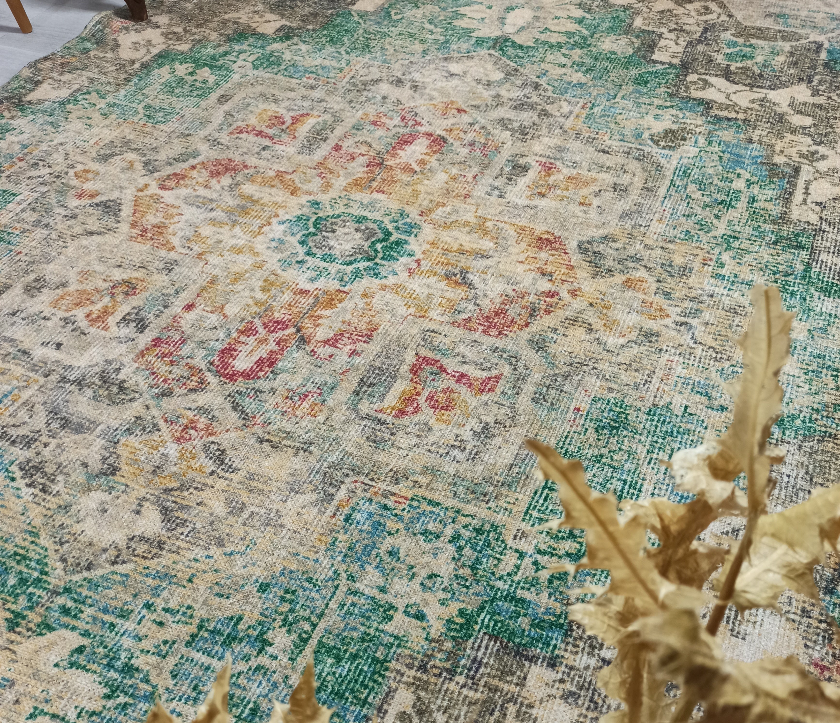 Lema Turkish Vintage Medallion Style Beige Green Rug