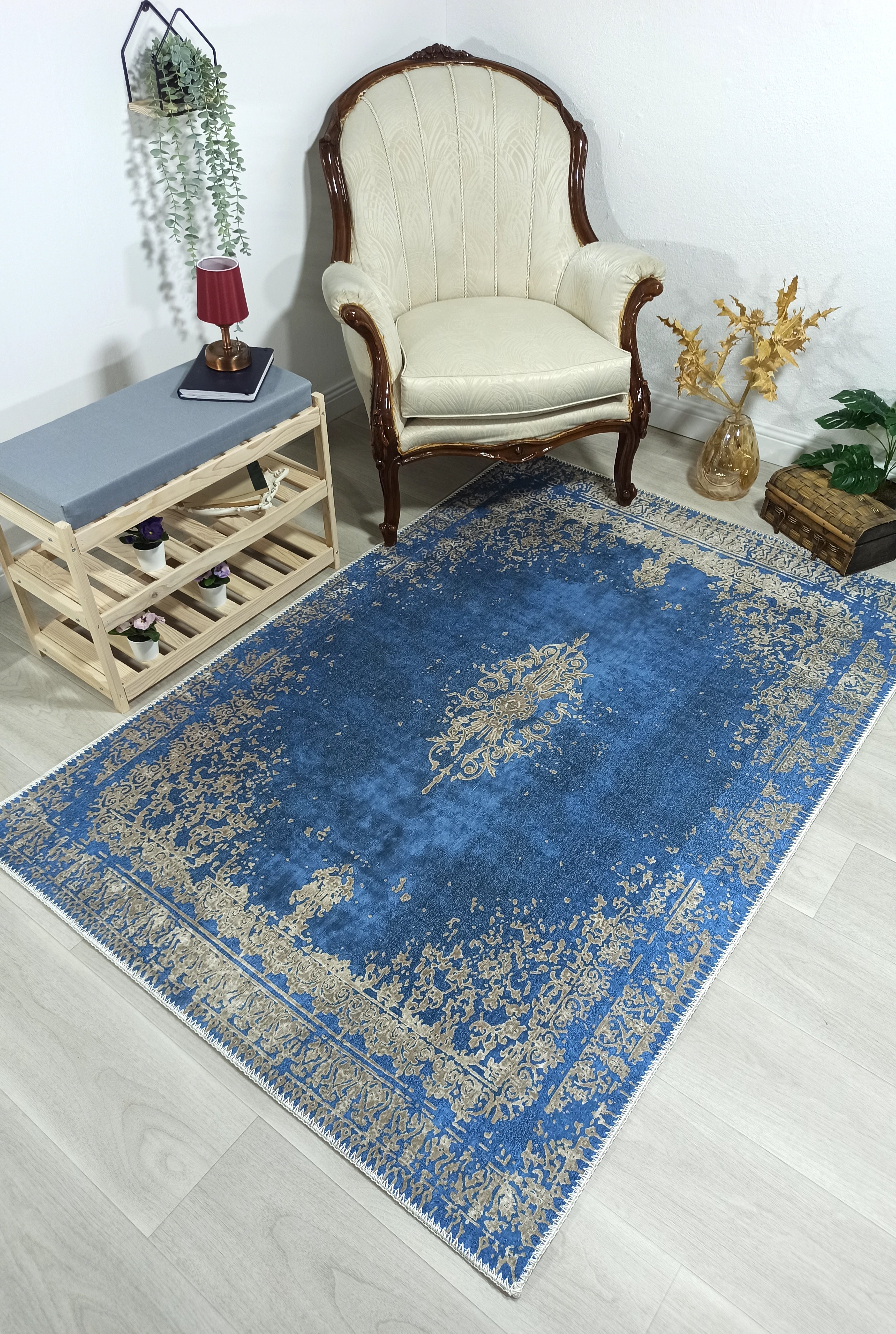 Turkish Light Blue Navy Blue Vintage Rug