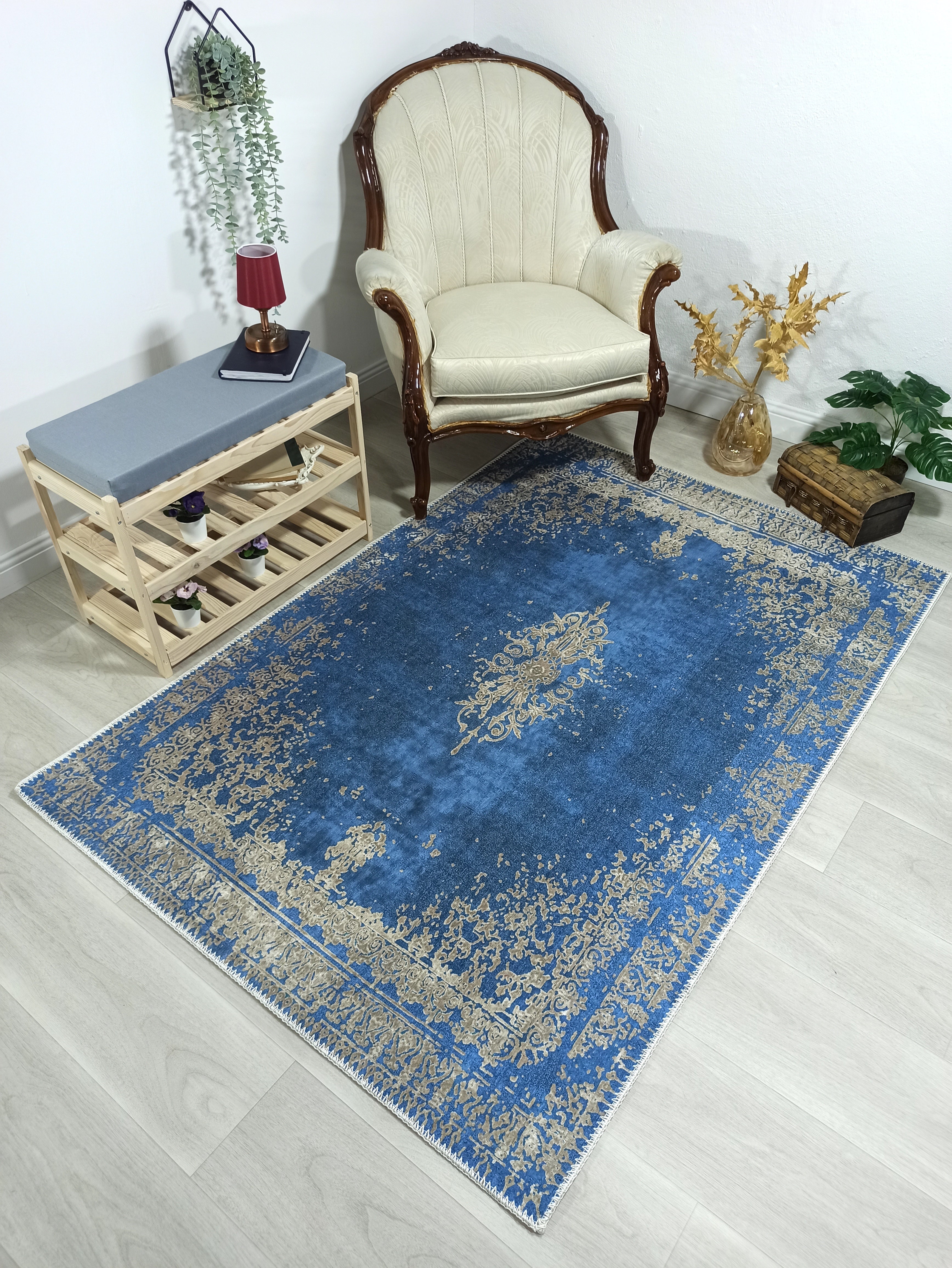 Turkish Light Blue Navy Blue Vintage Rug