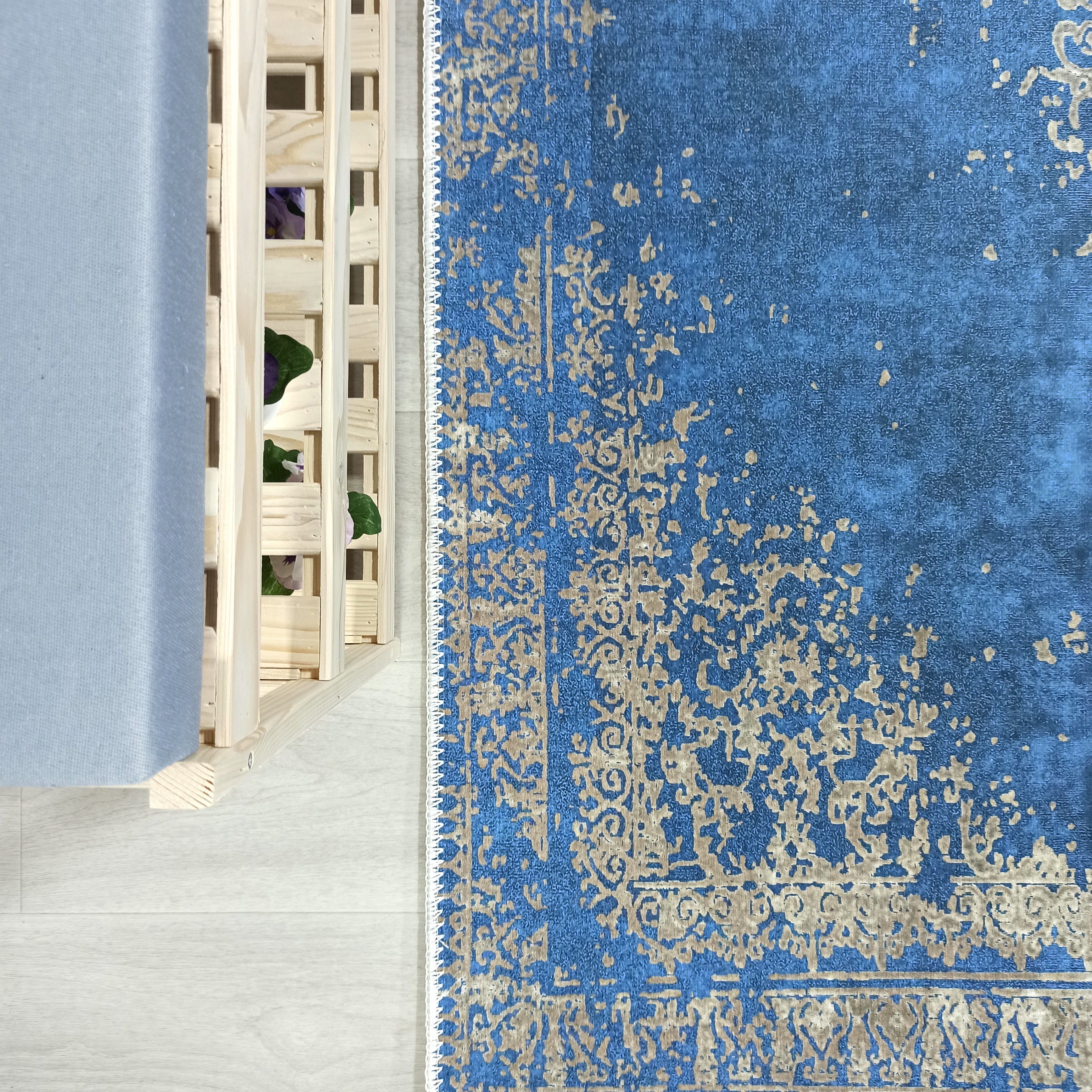 Turkish Light Blue Navy Blue Vintage Rug