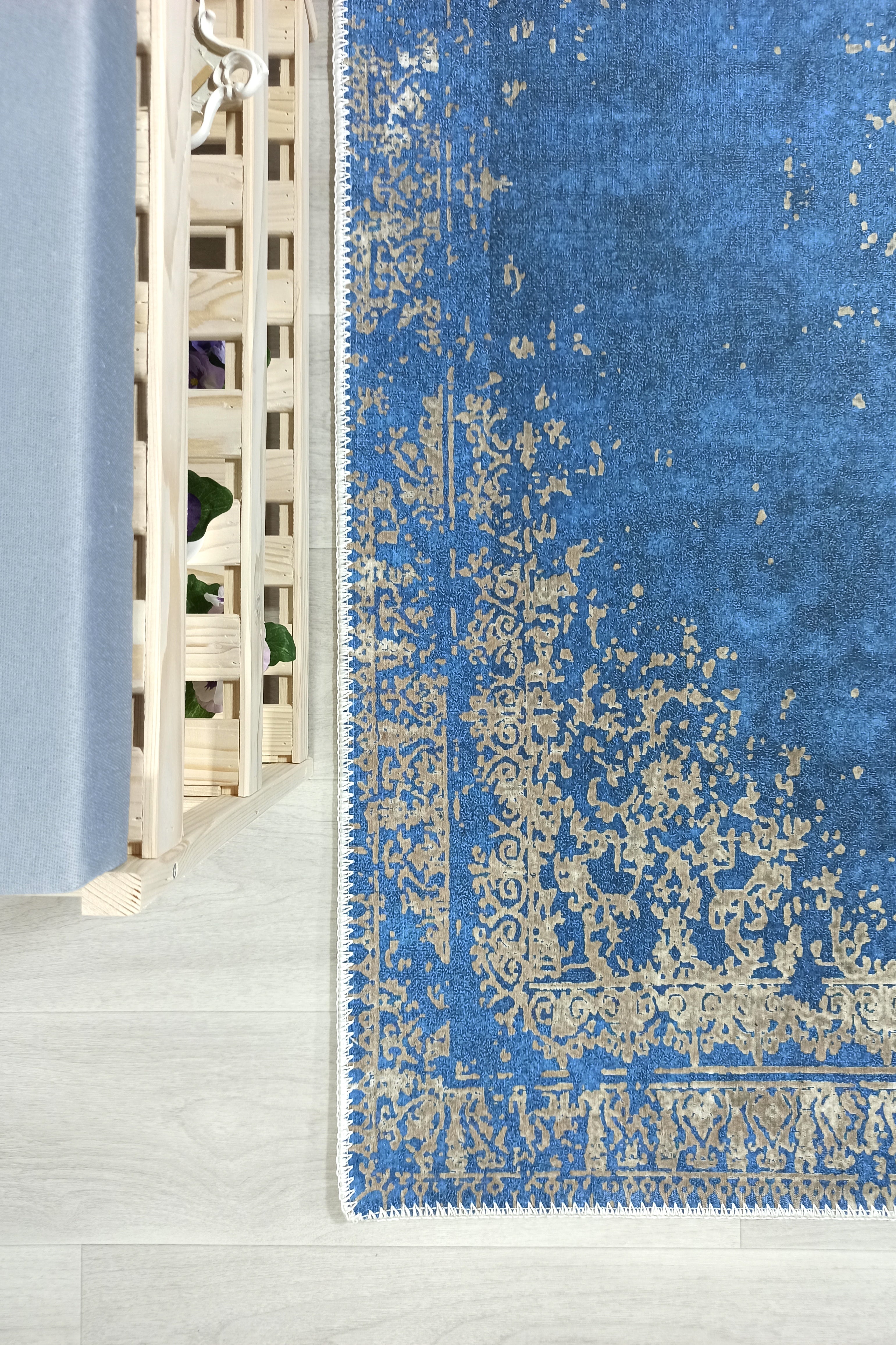 Turkish Light Blue Navy Blue Vintage Rug