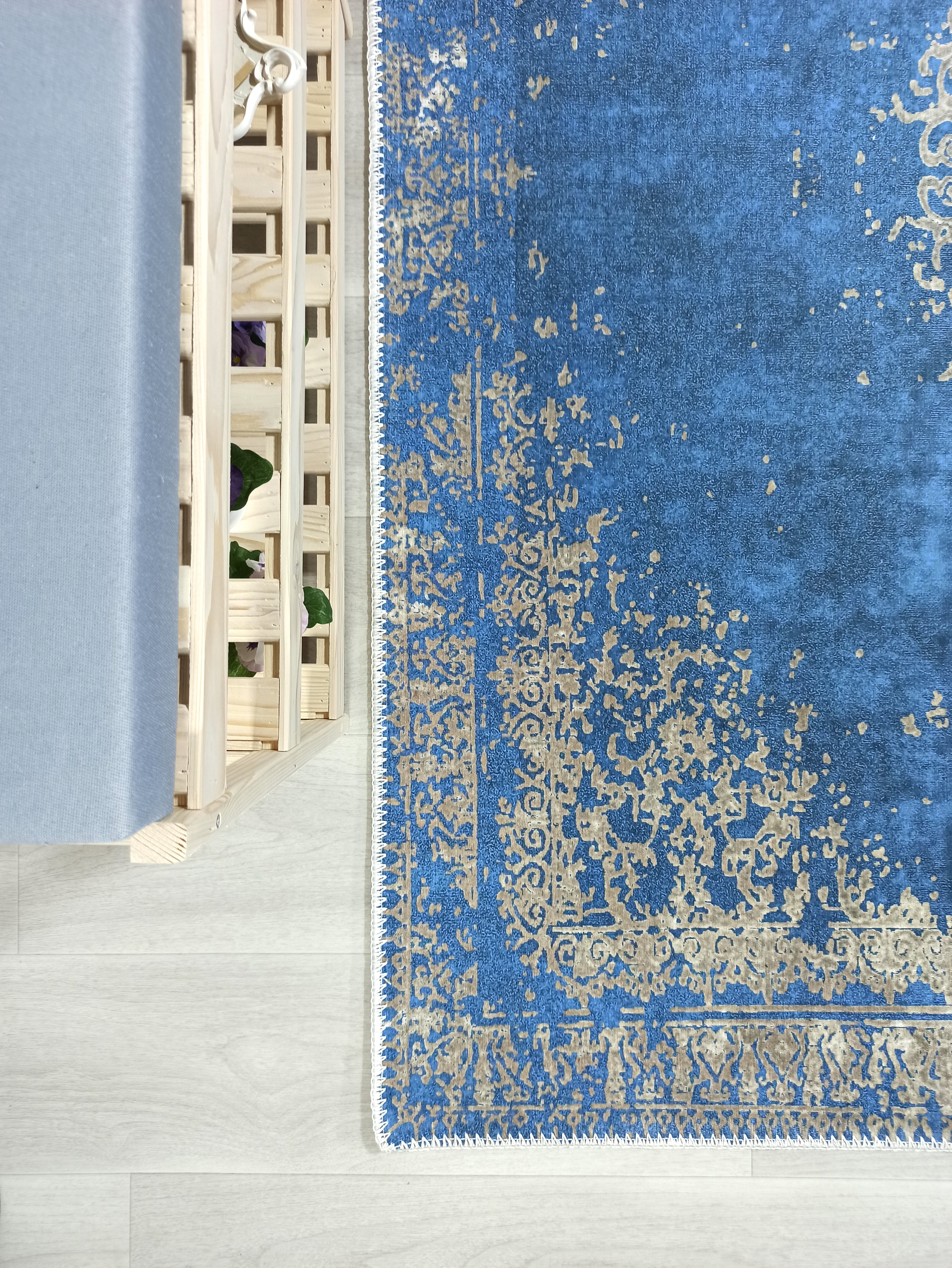 Turkish Light Blue Navy Blue Vintage Rug