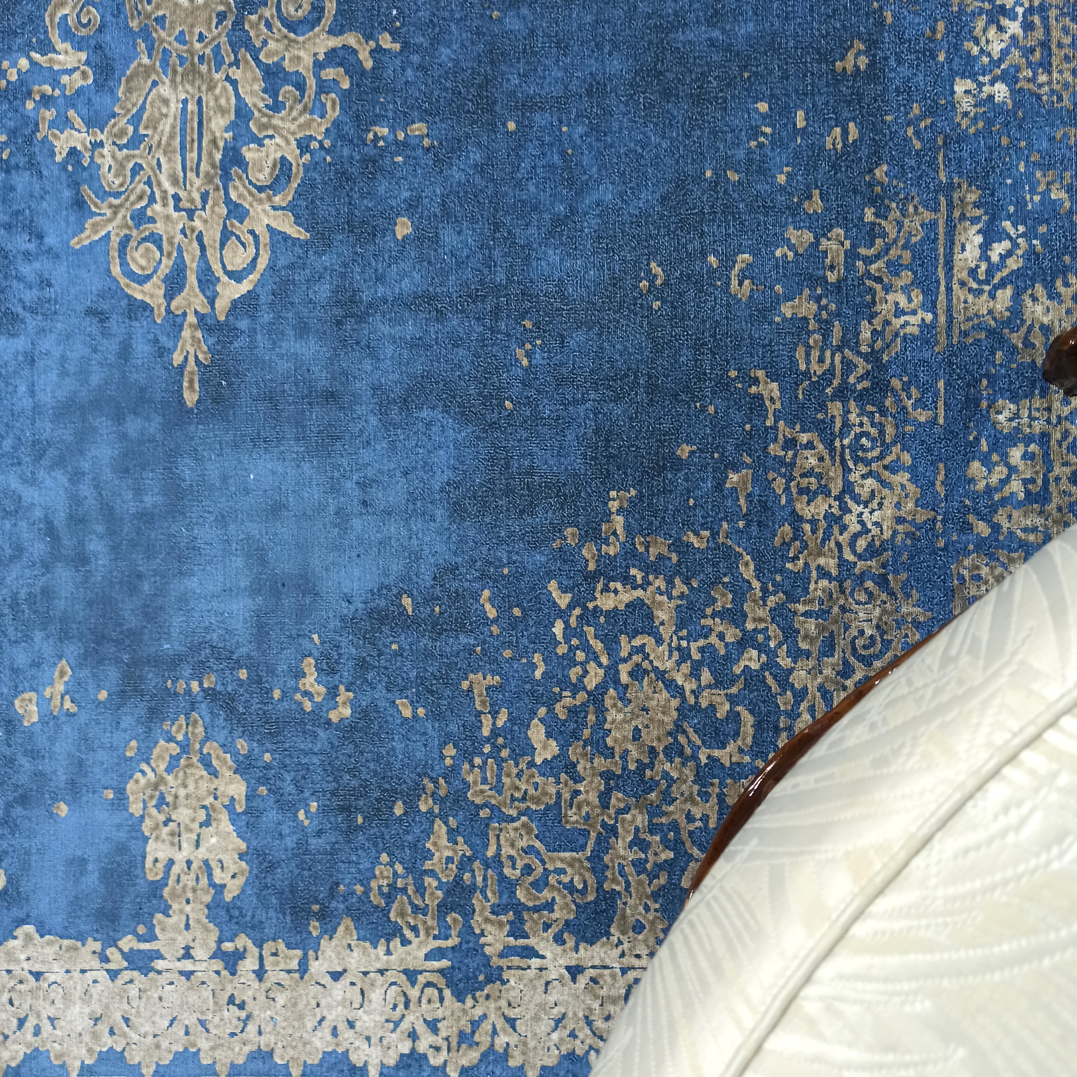 Turkish Light Blue Navy Blue Vintage Rug