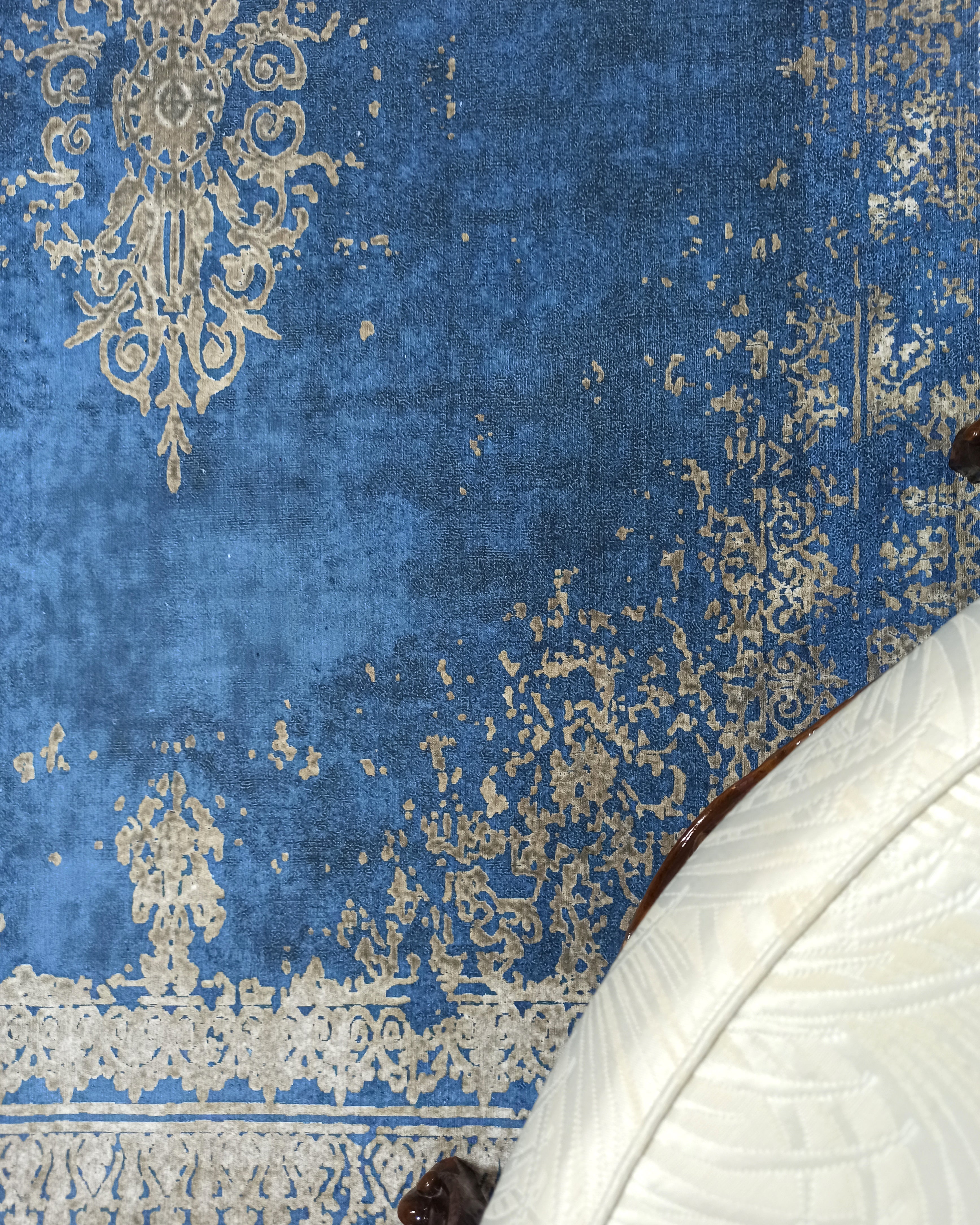 Turkish Light Blue Navy Blue Vintage Rug