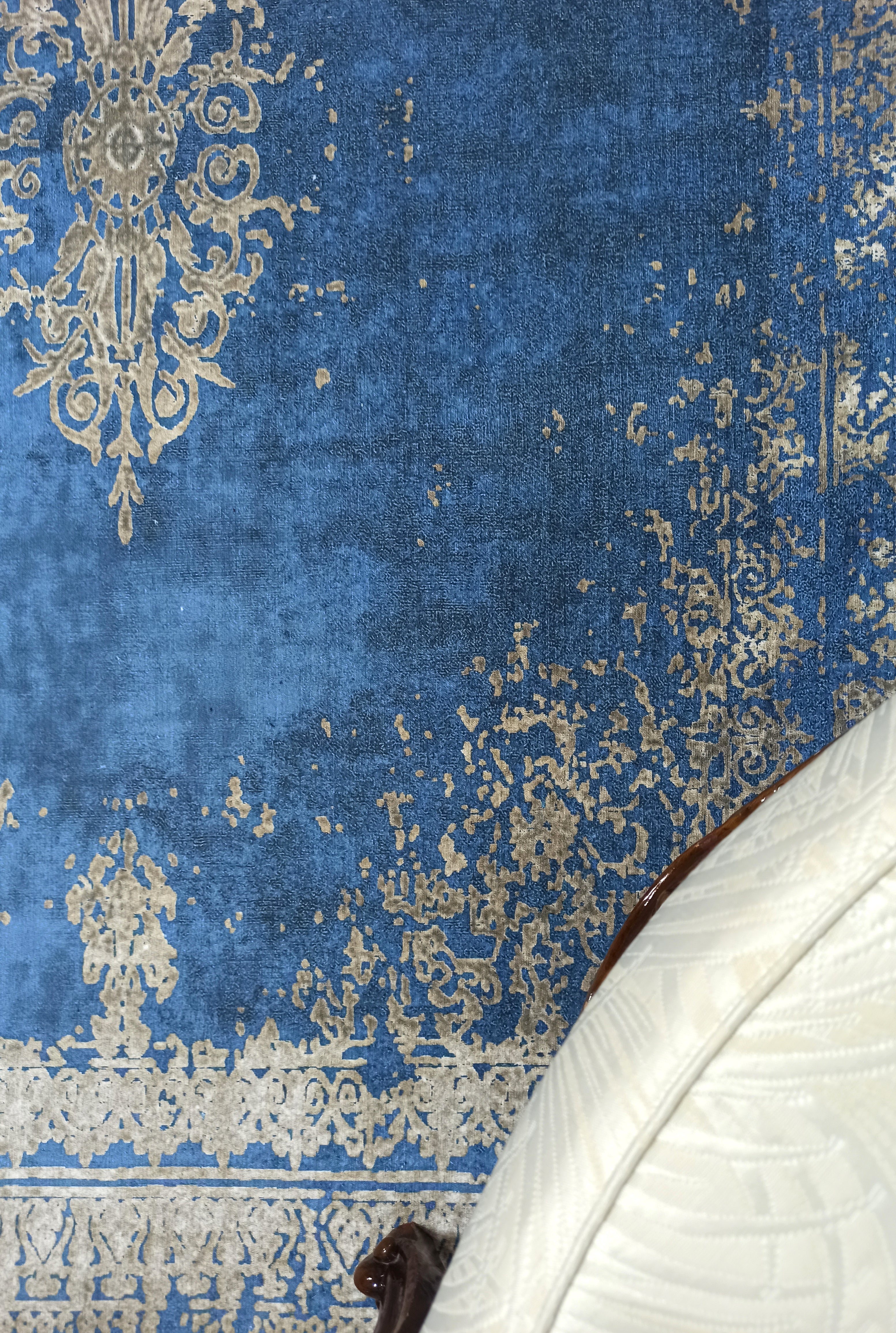 Turkish Light Blue Navy Blue Vintage Rug