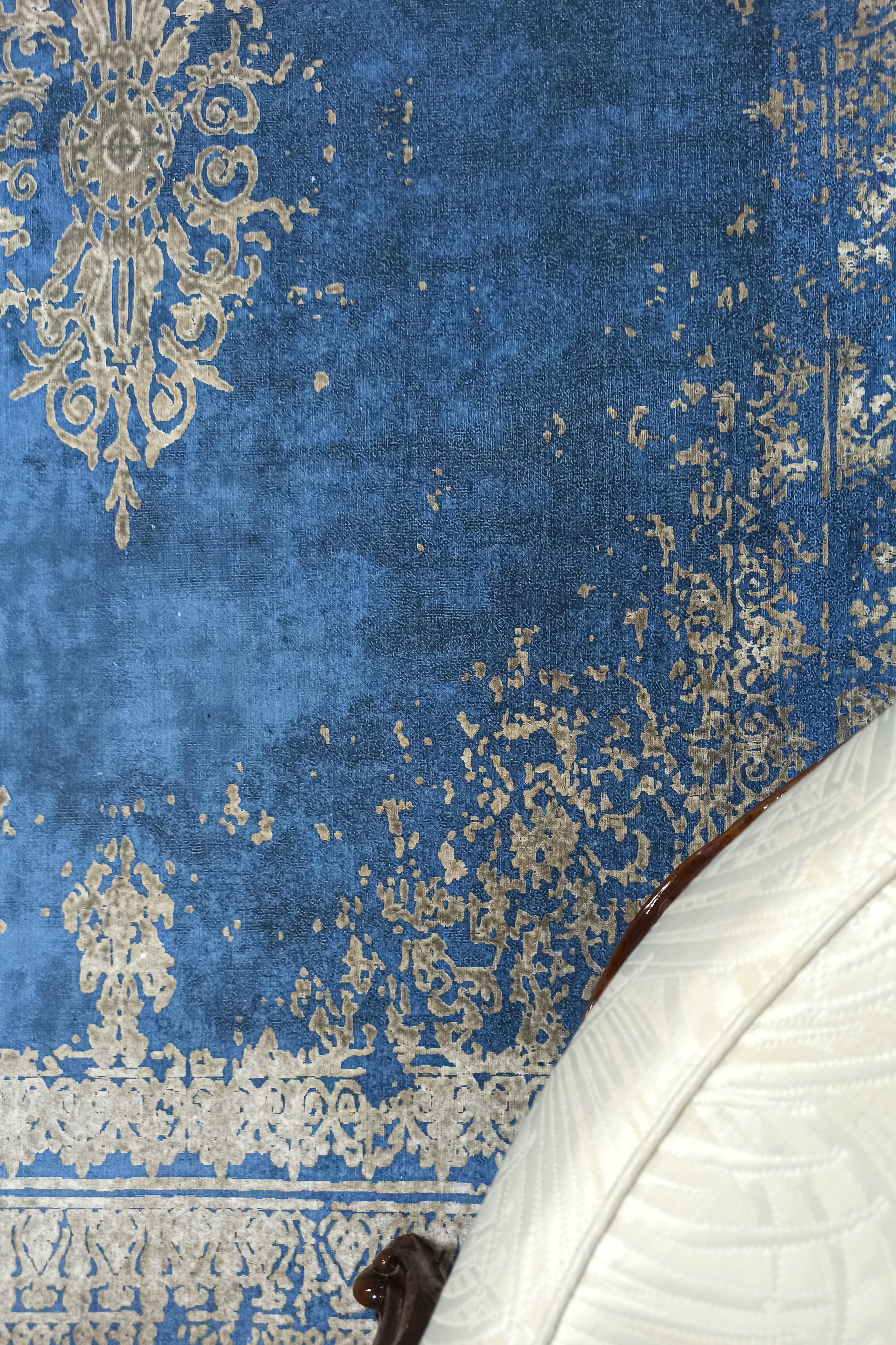 Turkish Light Blue Navy Blue Vintage Rug