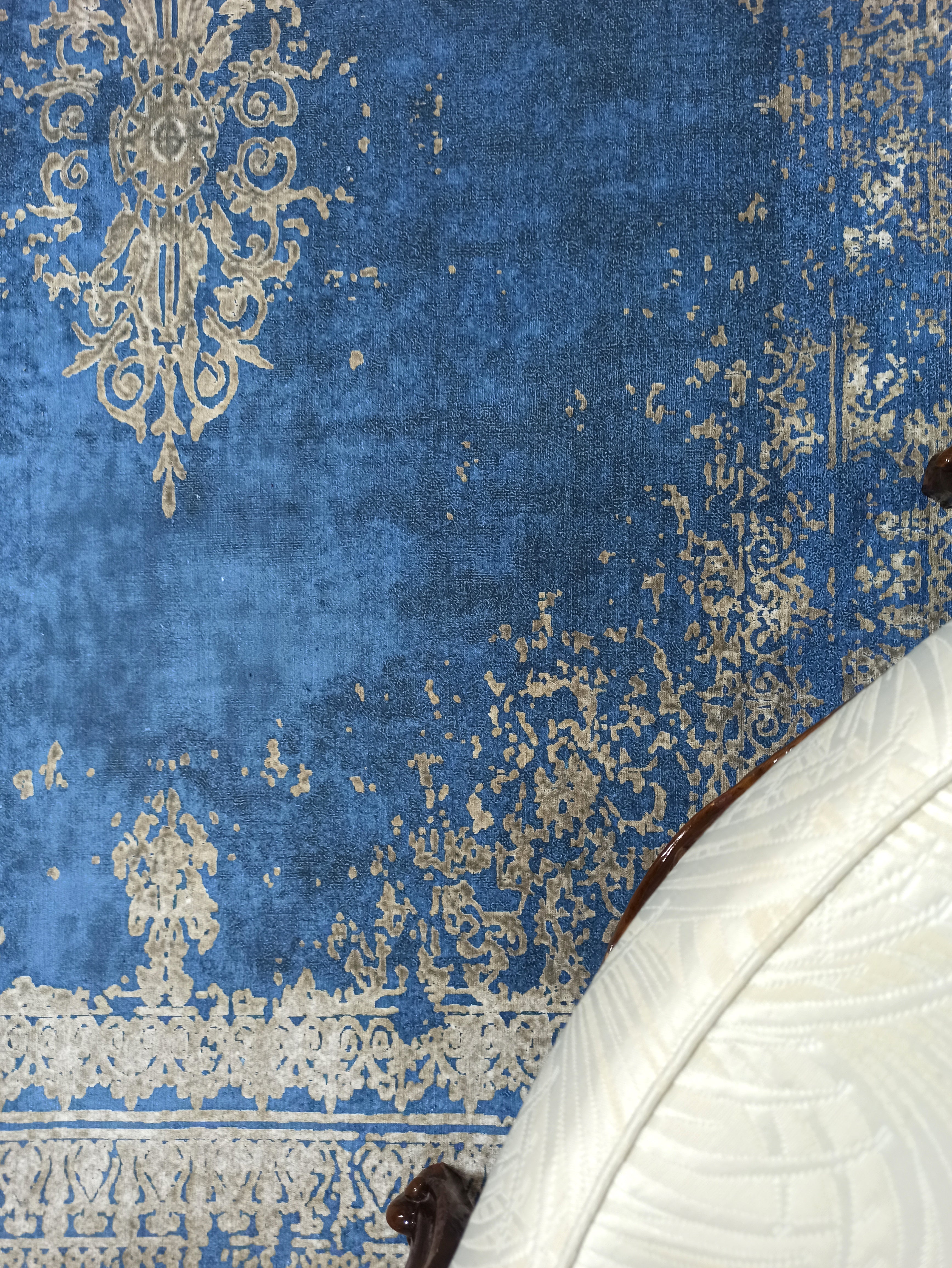 Turkish Light Blue Navy Blue Vintage Rug