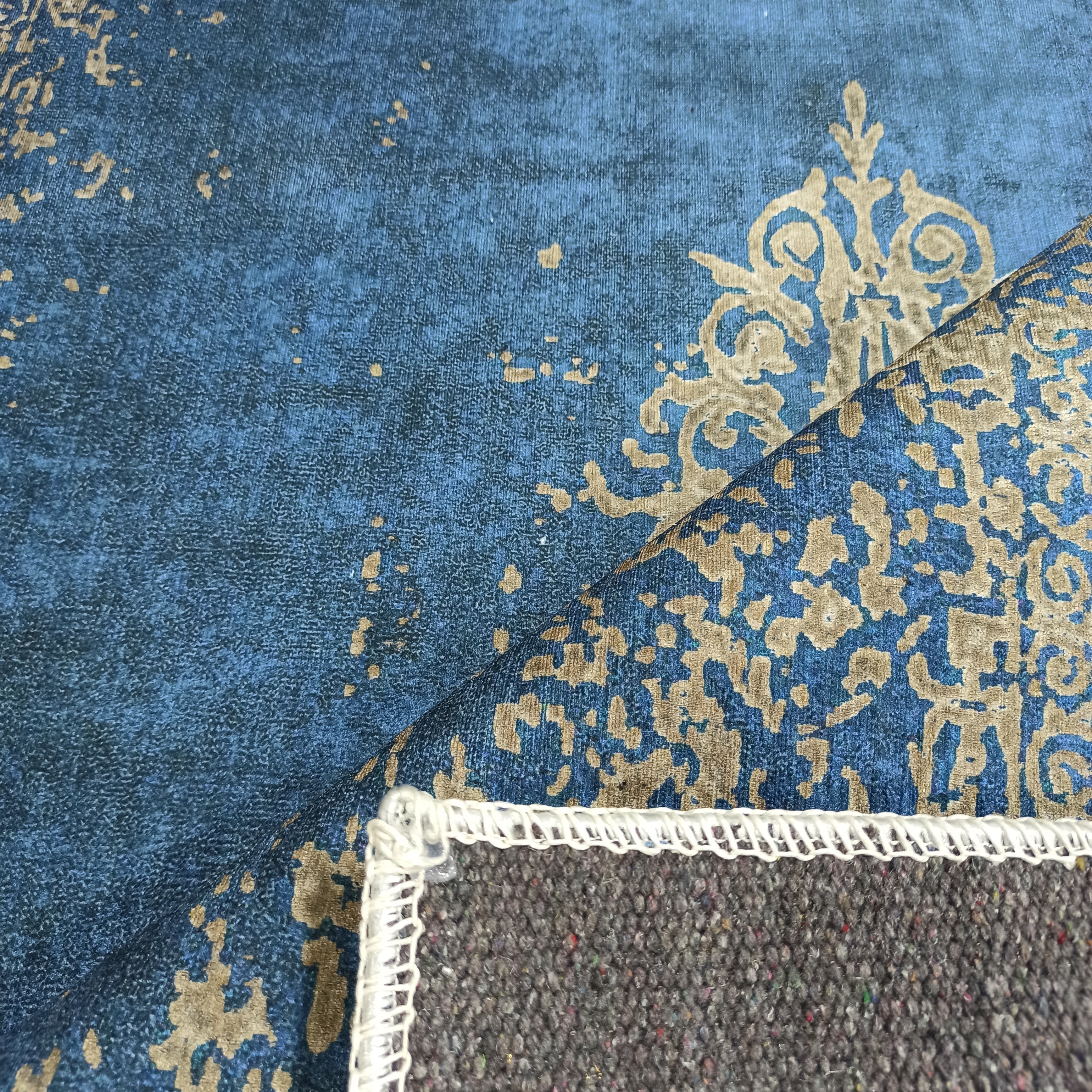 Turkish Light Blue Navy Blue Vintage Rug