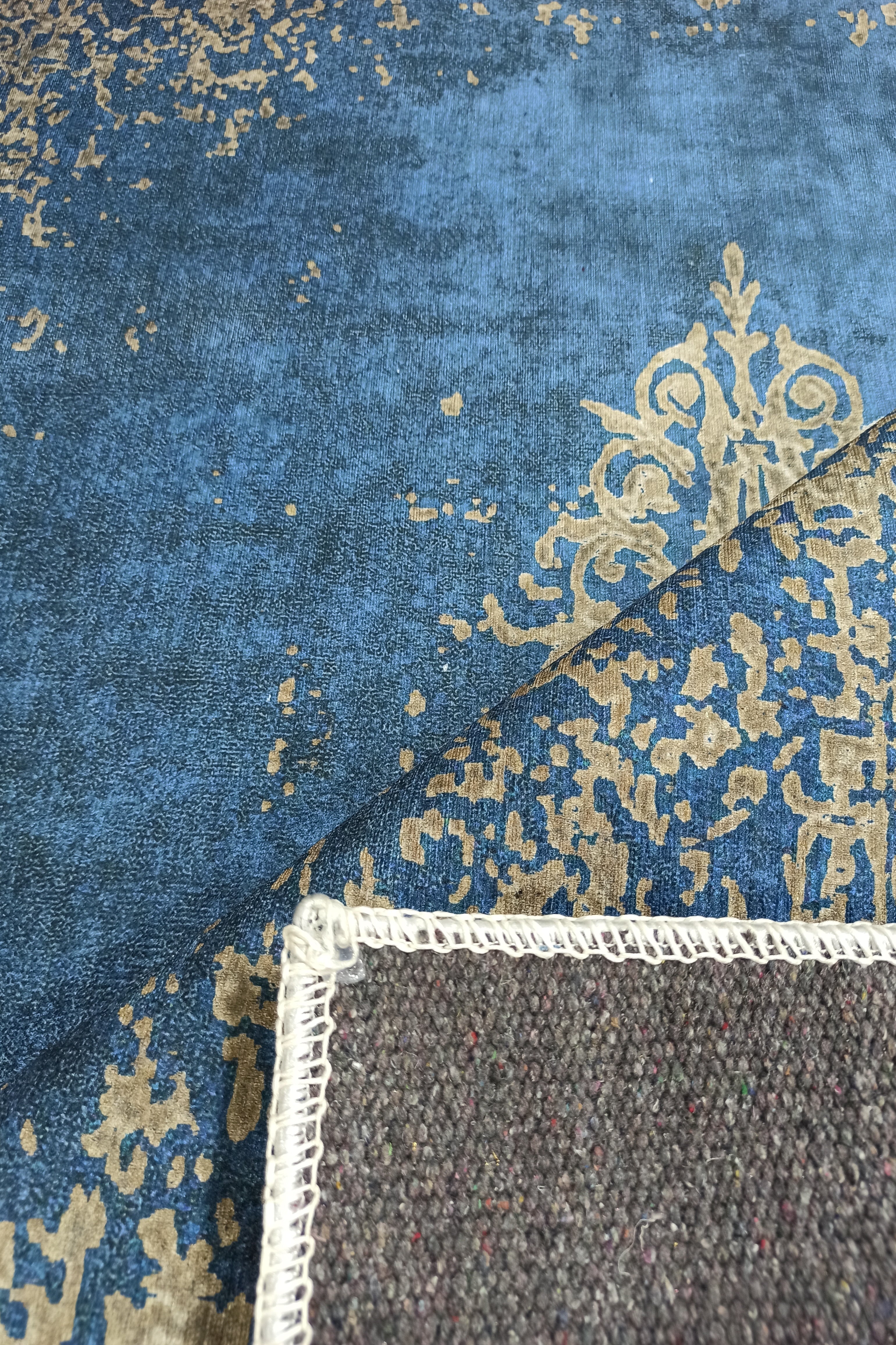 Turkish Light Blue Navy Blue Vintage Rug