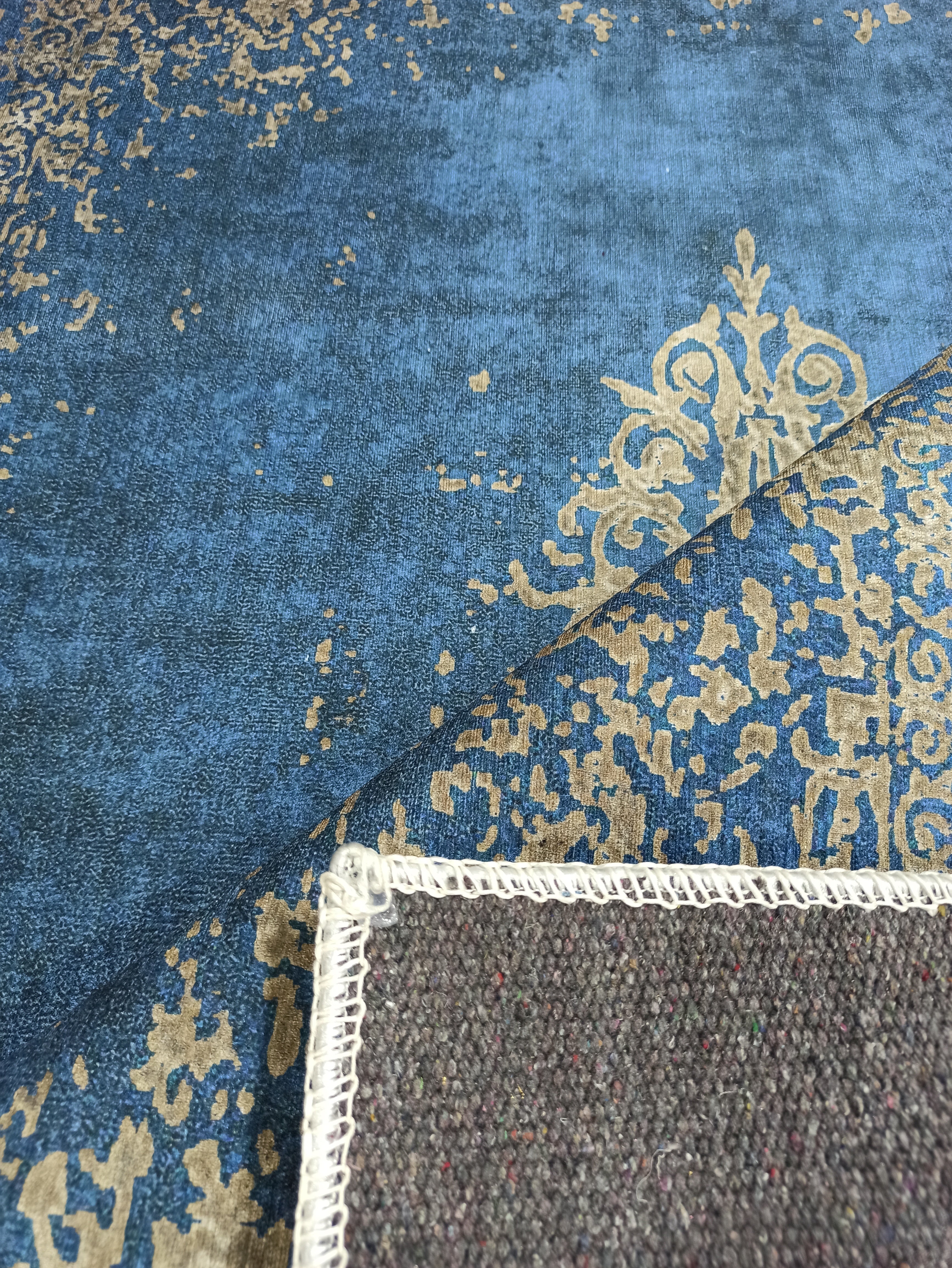 Turkish Light Blue Navy Blue Vintage Rug