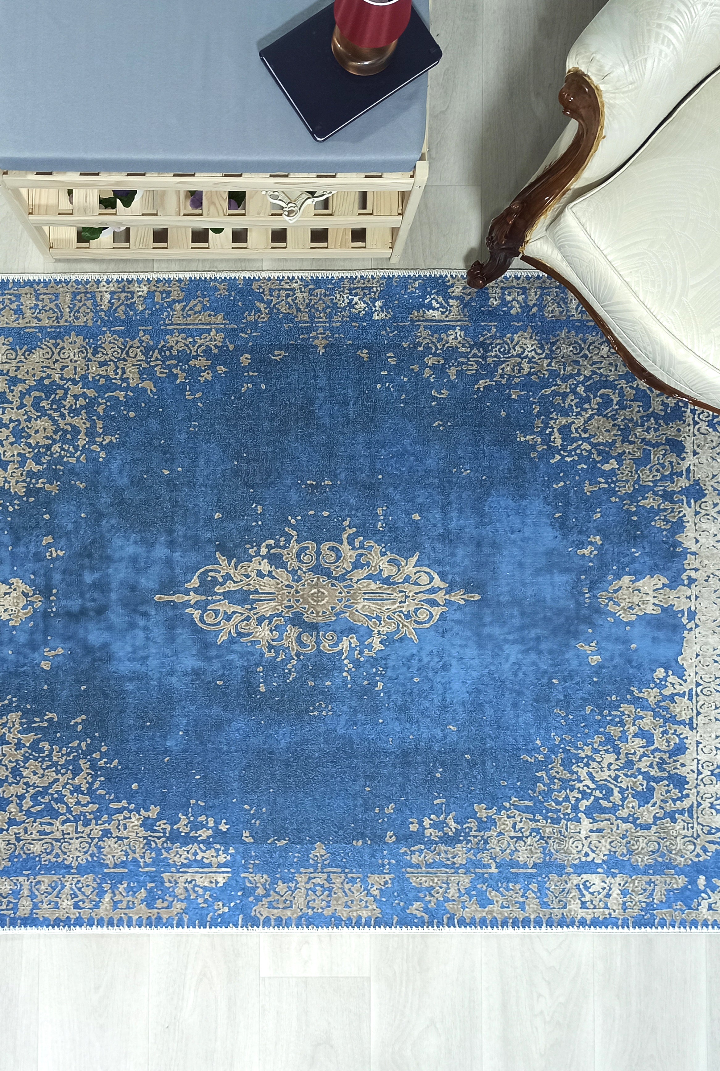 Turkish Light Blue Navy Blue Vintage Rug