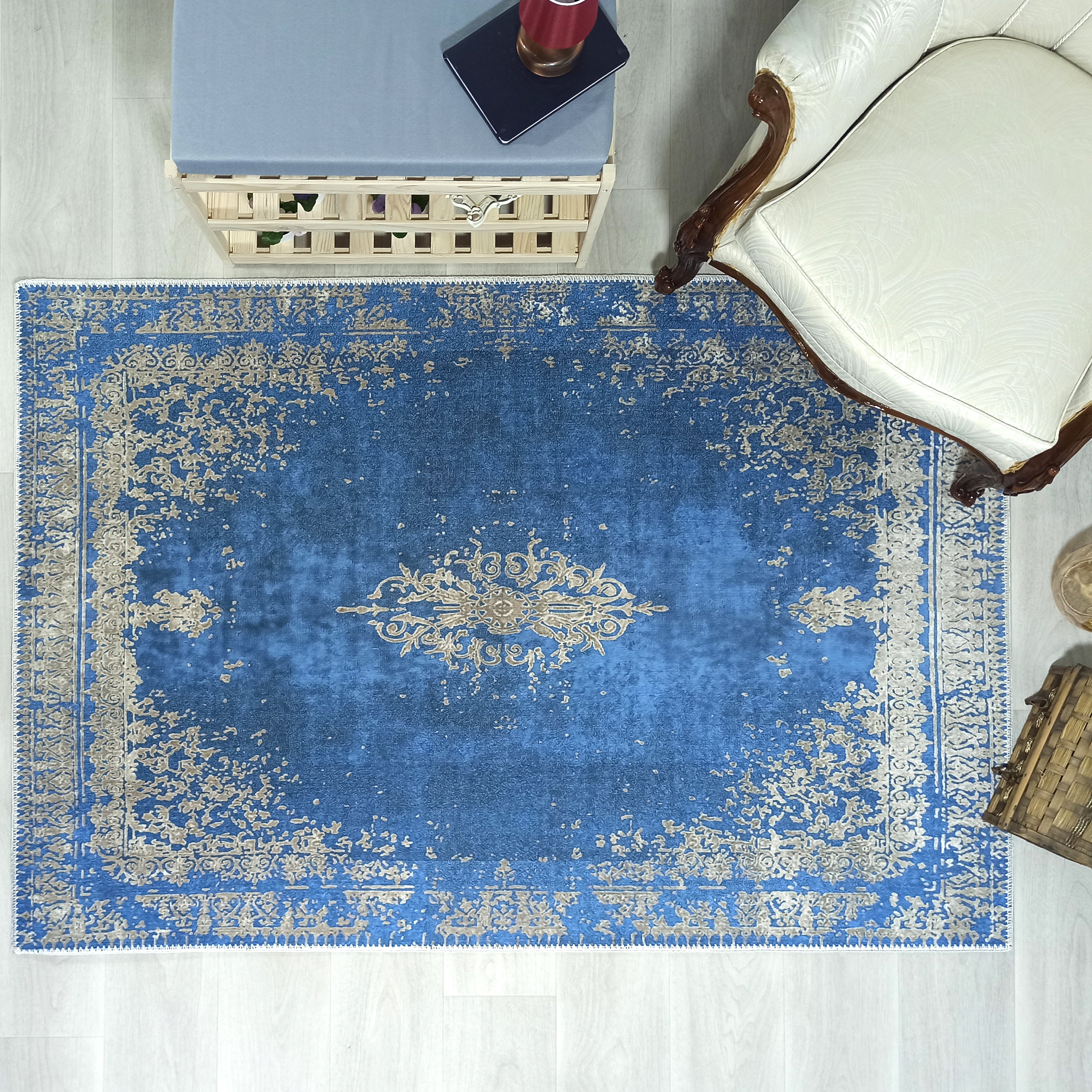 Turkish Light Blue Navy Blue Vintage Rug
