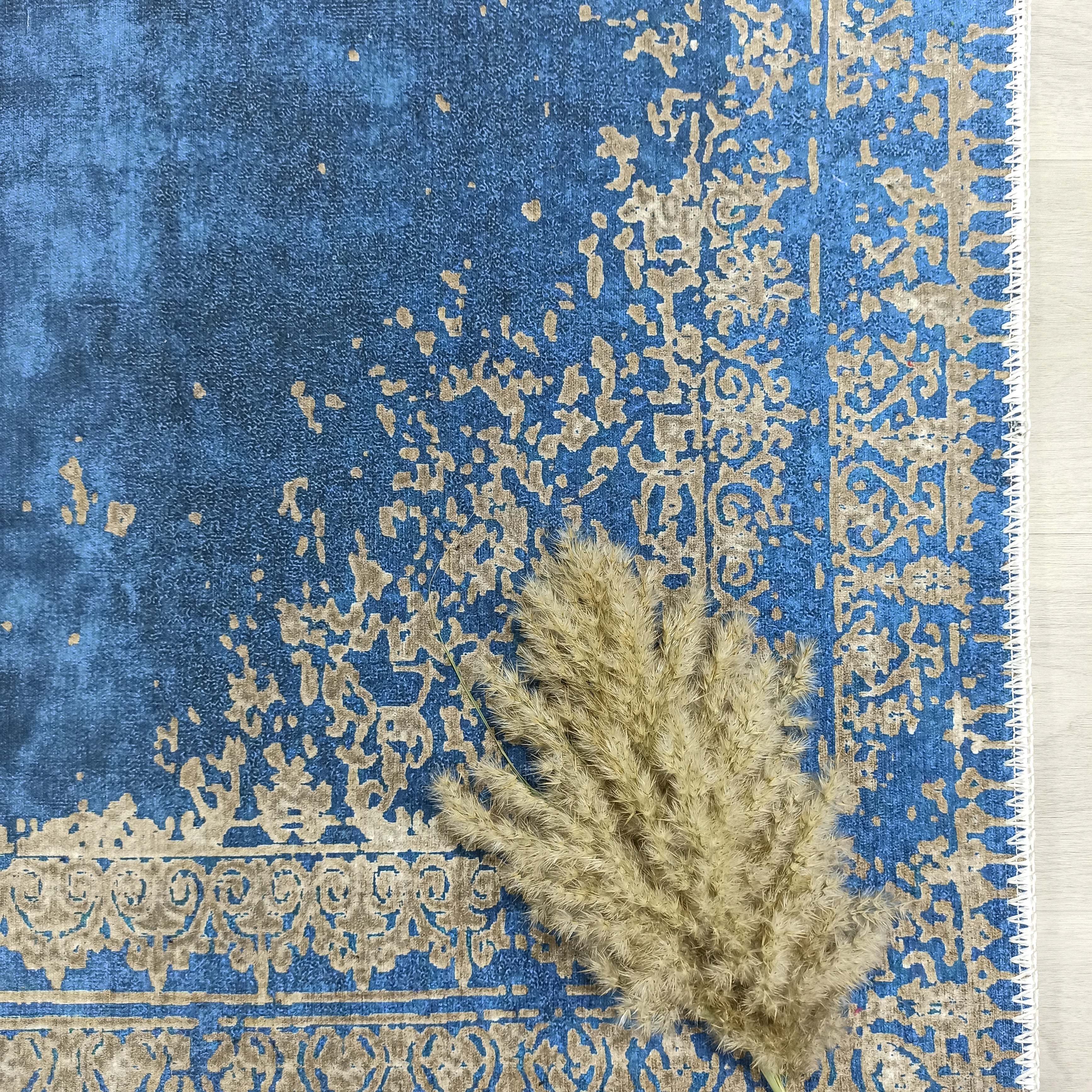 Turkish Light Blue Navy Blue Vintage Rug