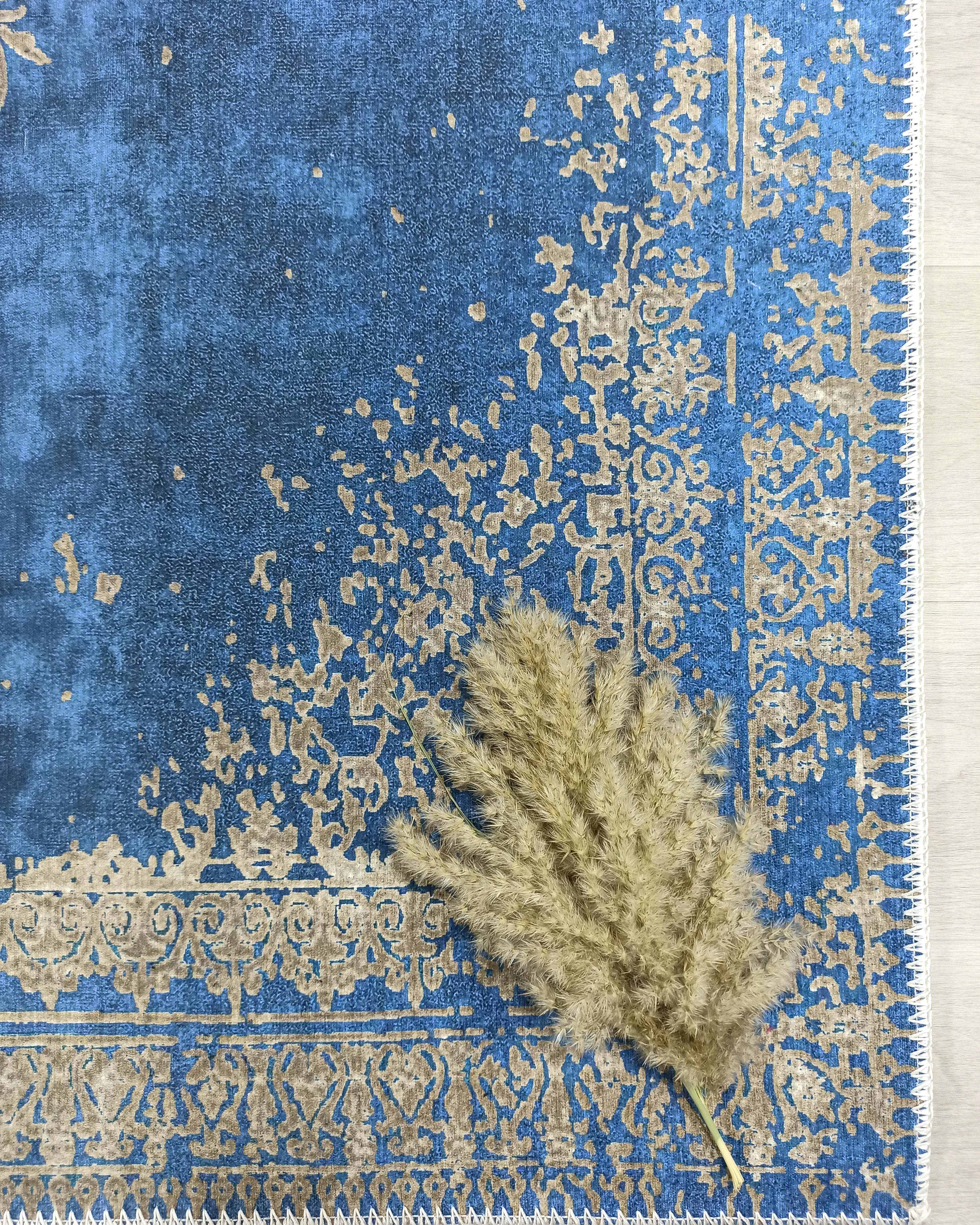 Turkish Light Blue Navy Blue Vintage Rug