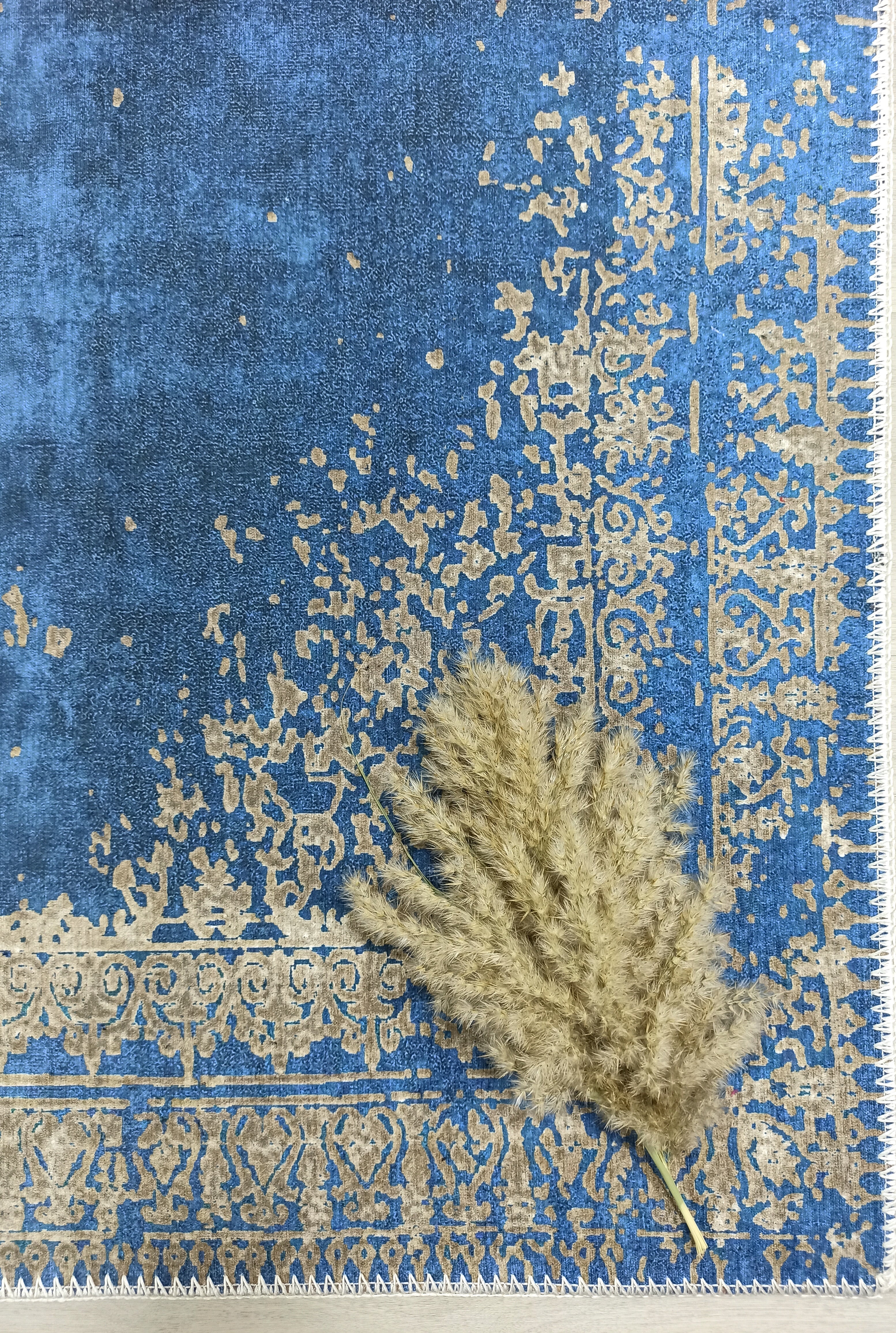 Turkish Light Blue Navy Blue Vintage Rug