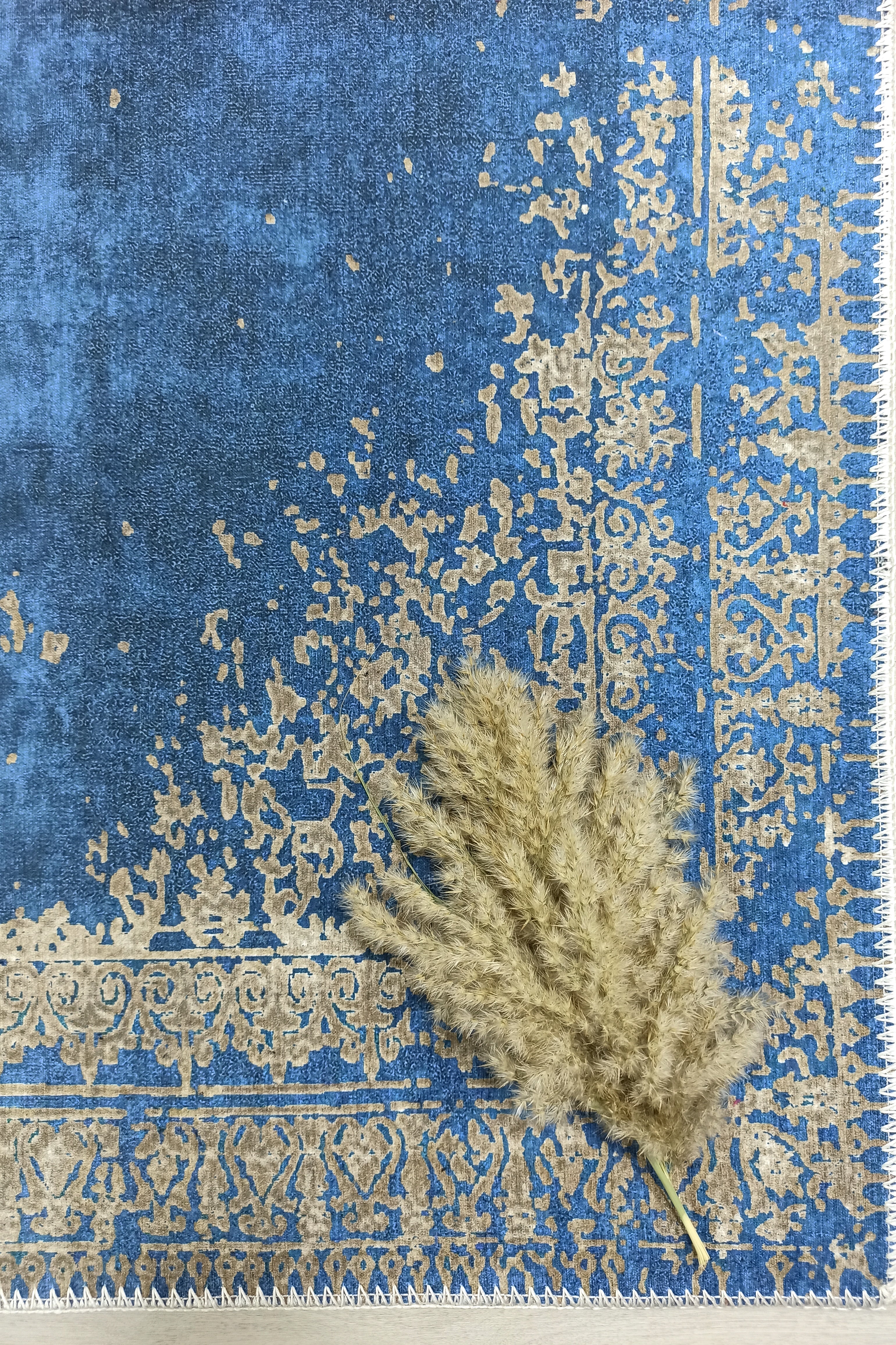 Turkish Light Blue Navy Blue Vintage Rug