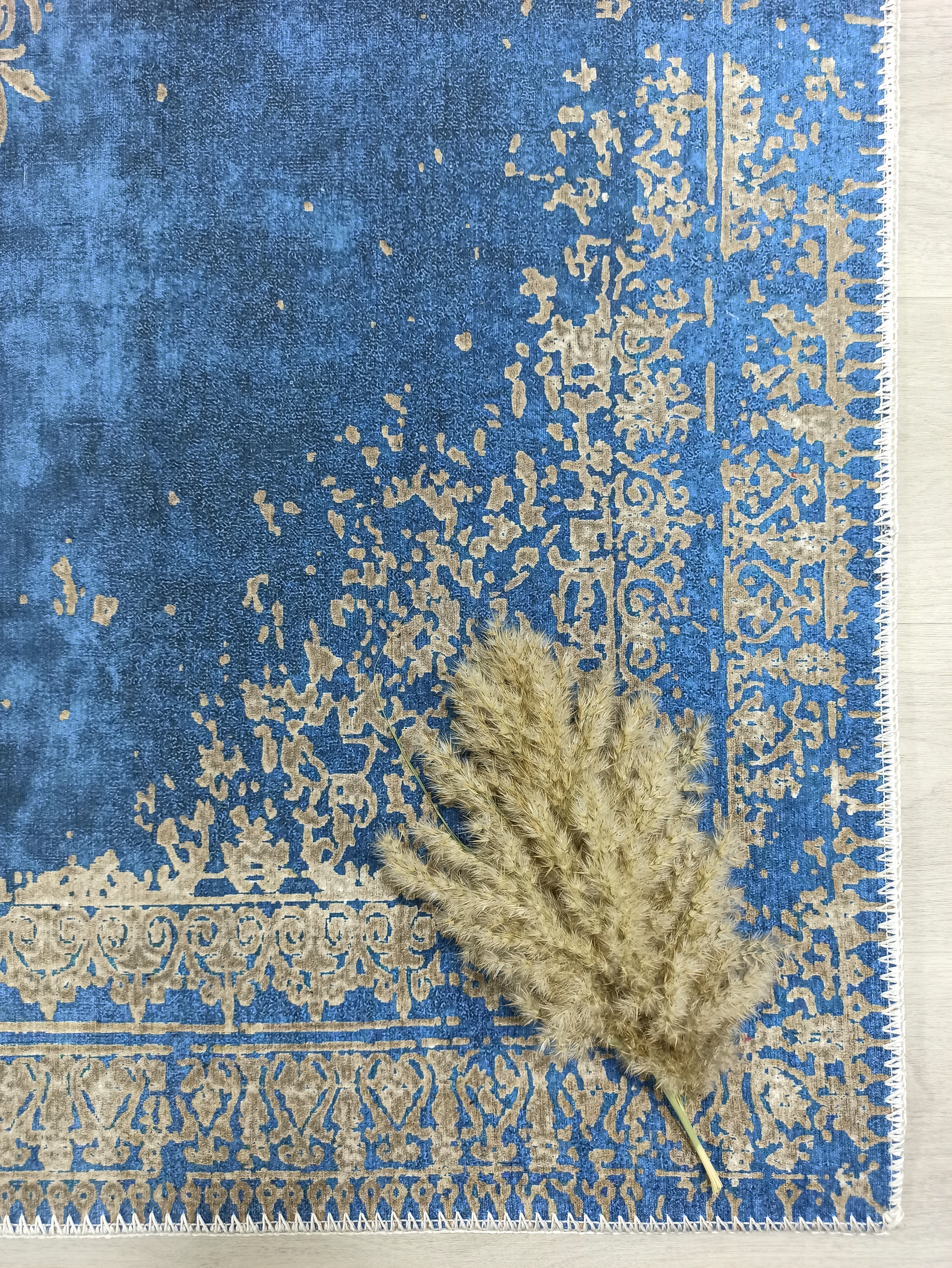 Turkish Light Blue Navy Blue Vintage Rug