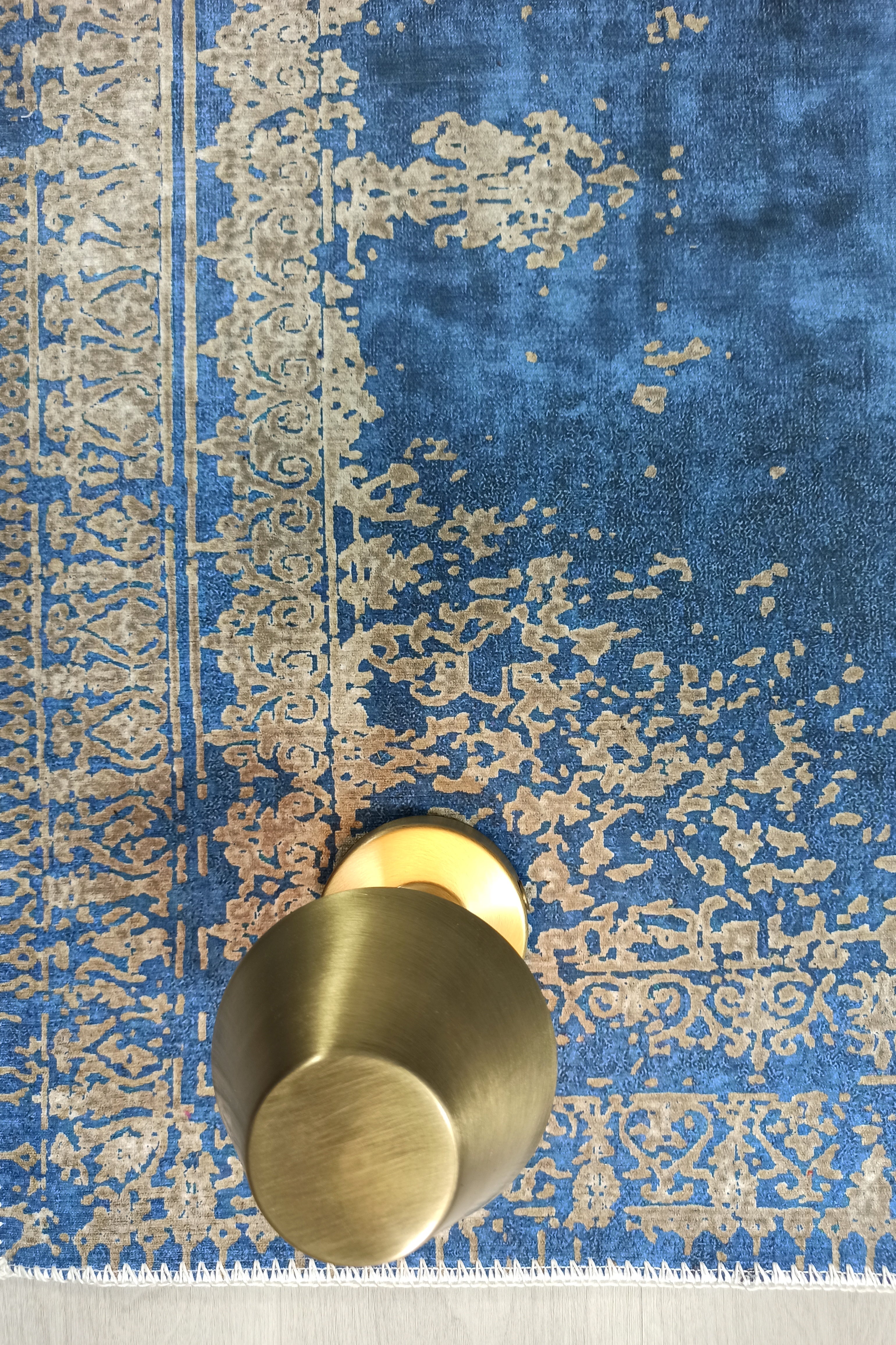 Turkish Light Blue Navy Blue Vintage Rug