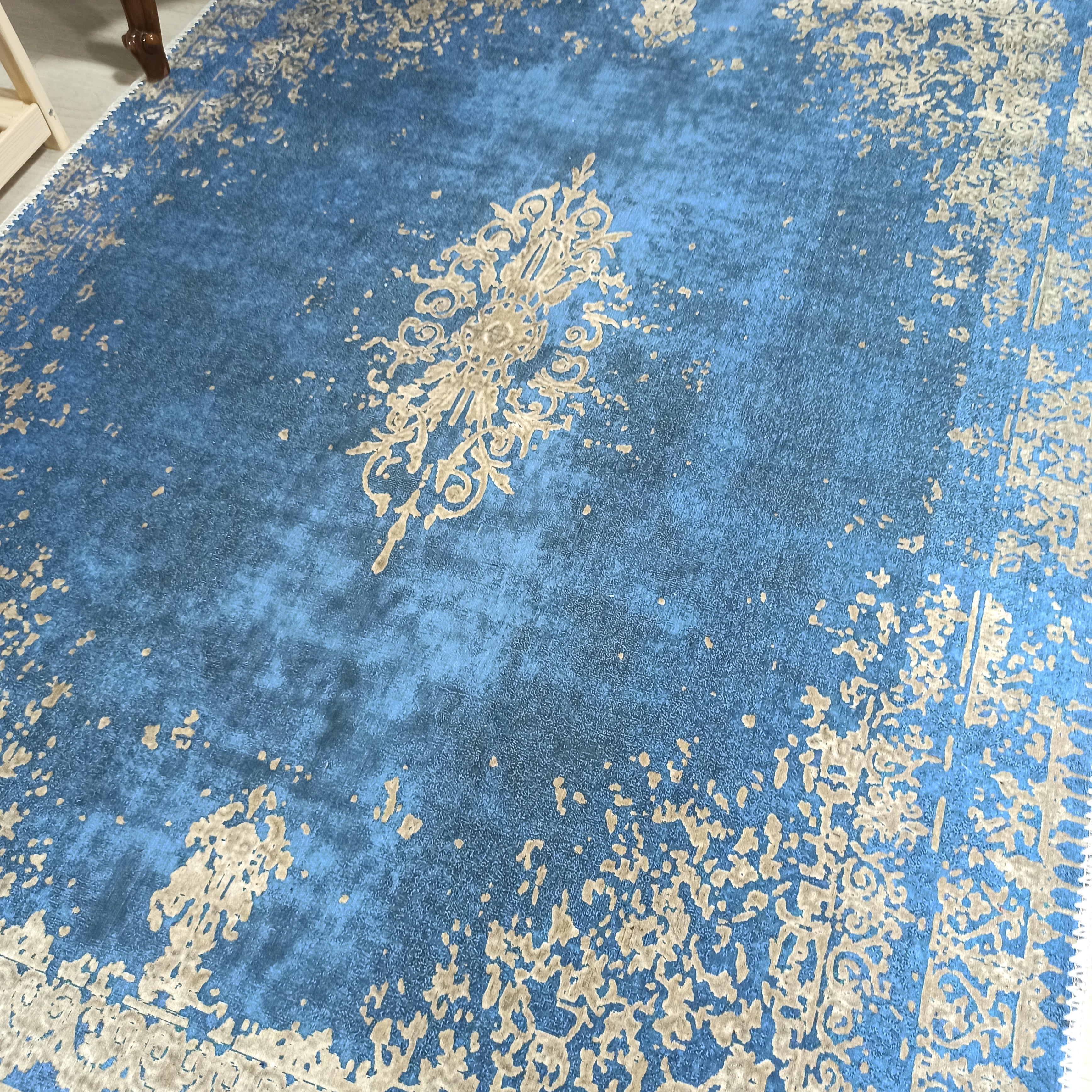 Turkish Light Blue Navy Blue Vintage Rug