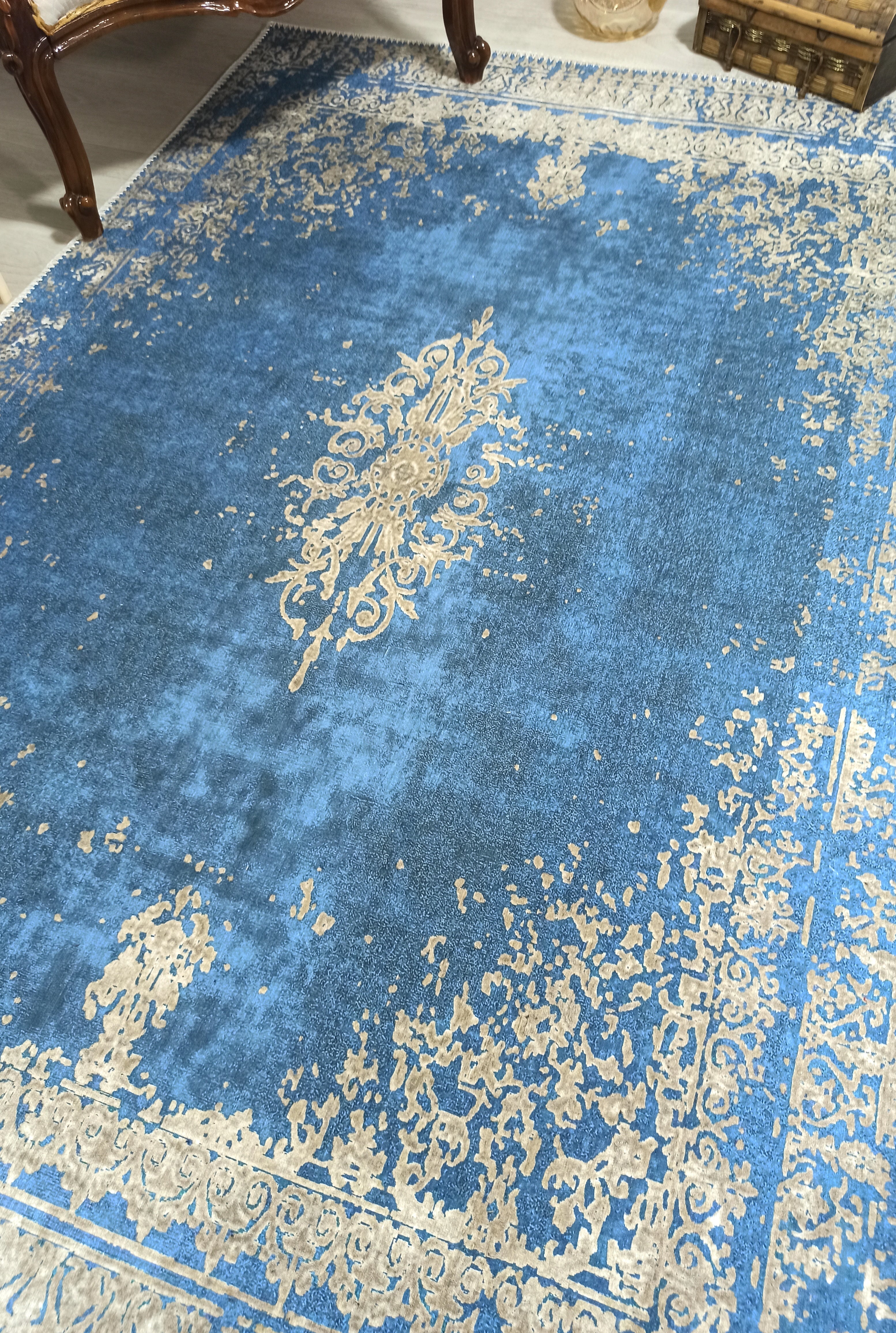 Turkish Light Blue Navy Blue Vintage Rug
