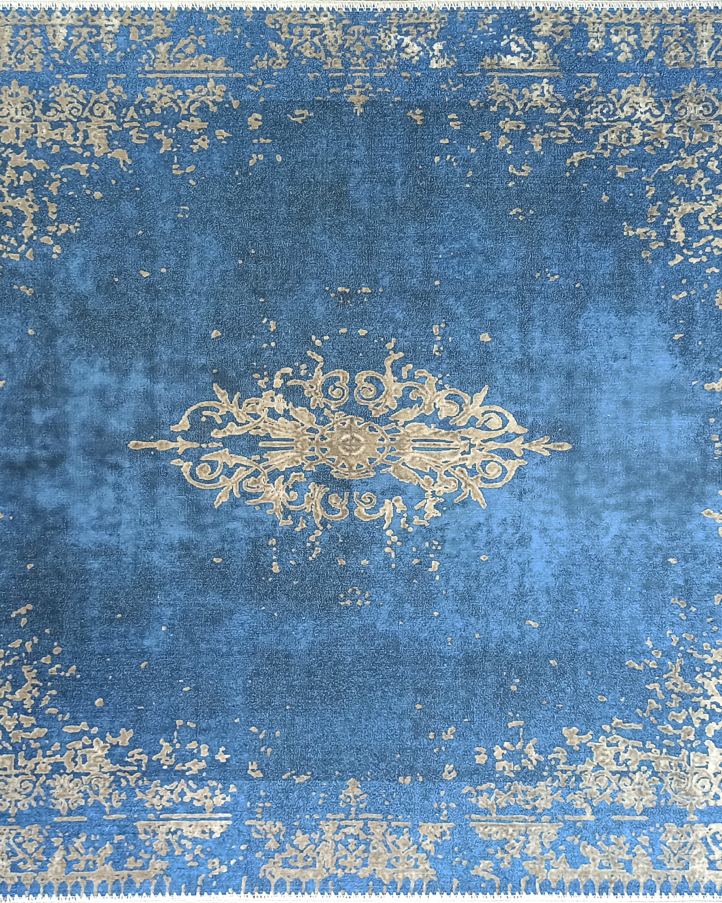 Turkish Light Blue Navy Blue Vintage Rug