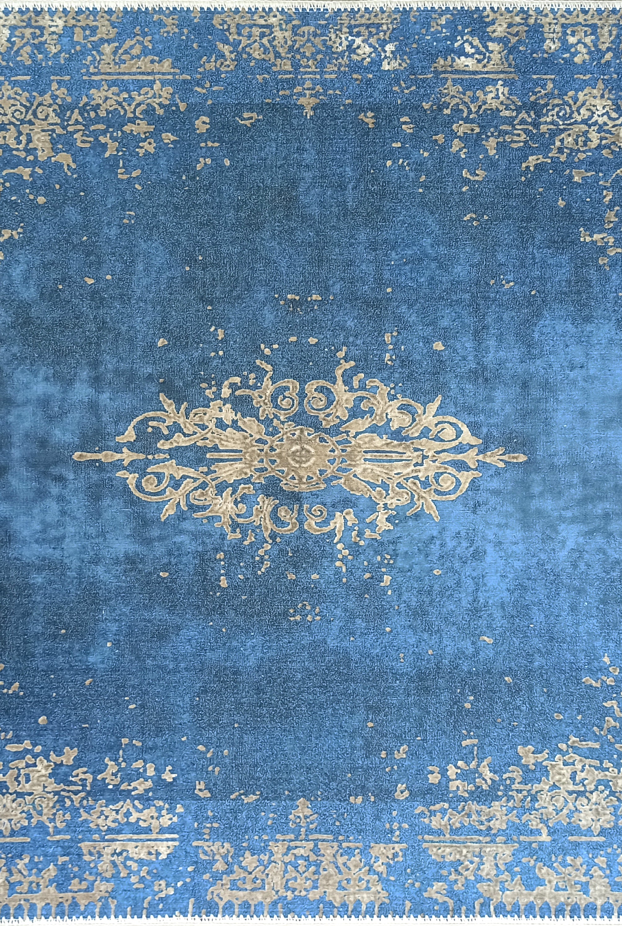 Turkish Light Blue Navy Blue Vintage Rug