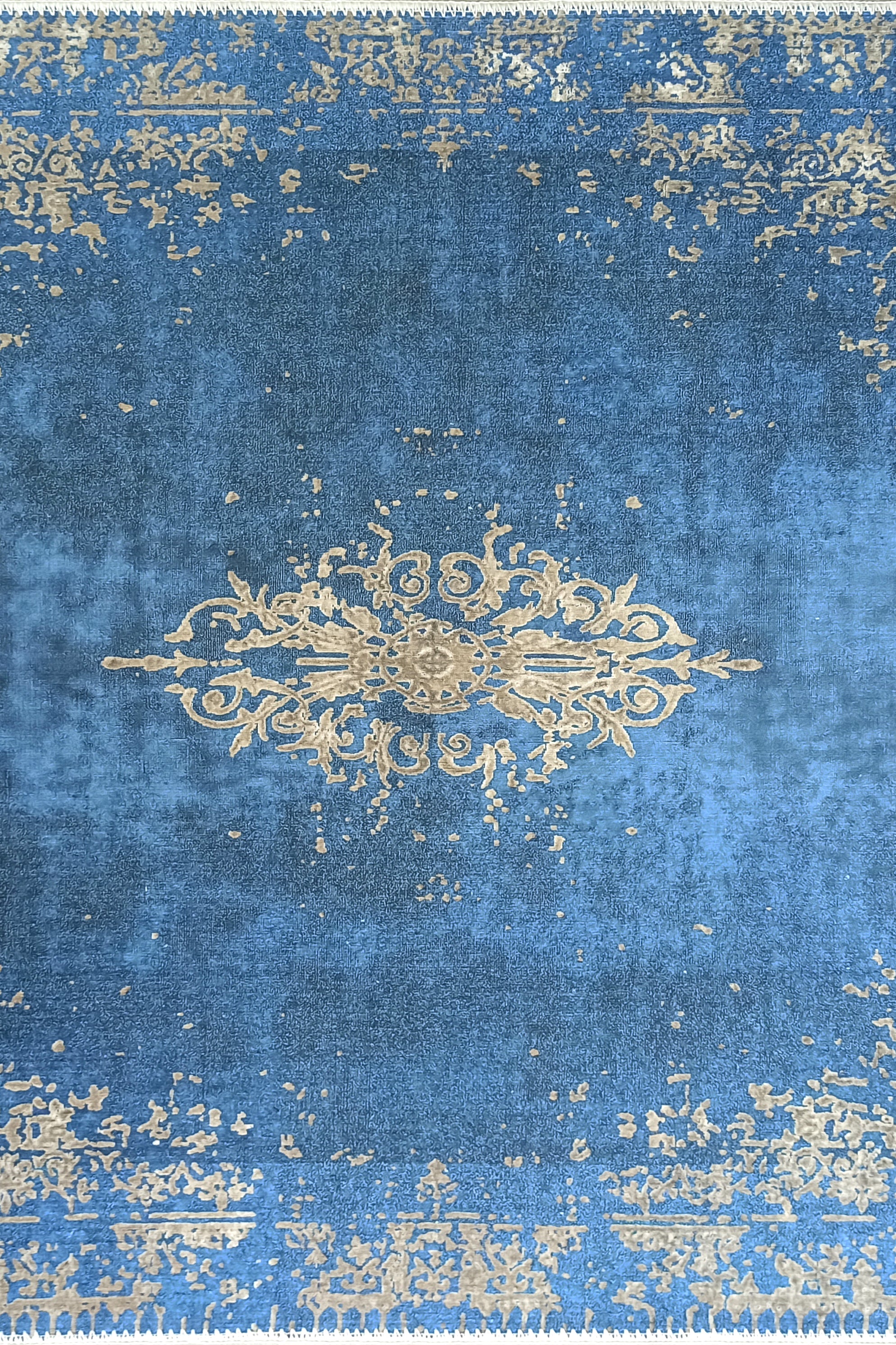 Turkish Light Blue Navy Blue Vintage Rug