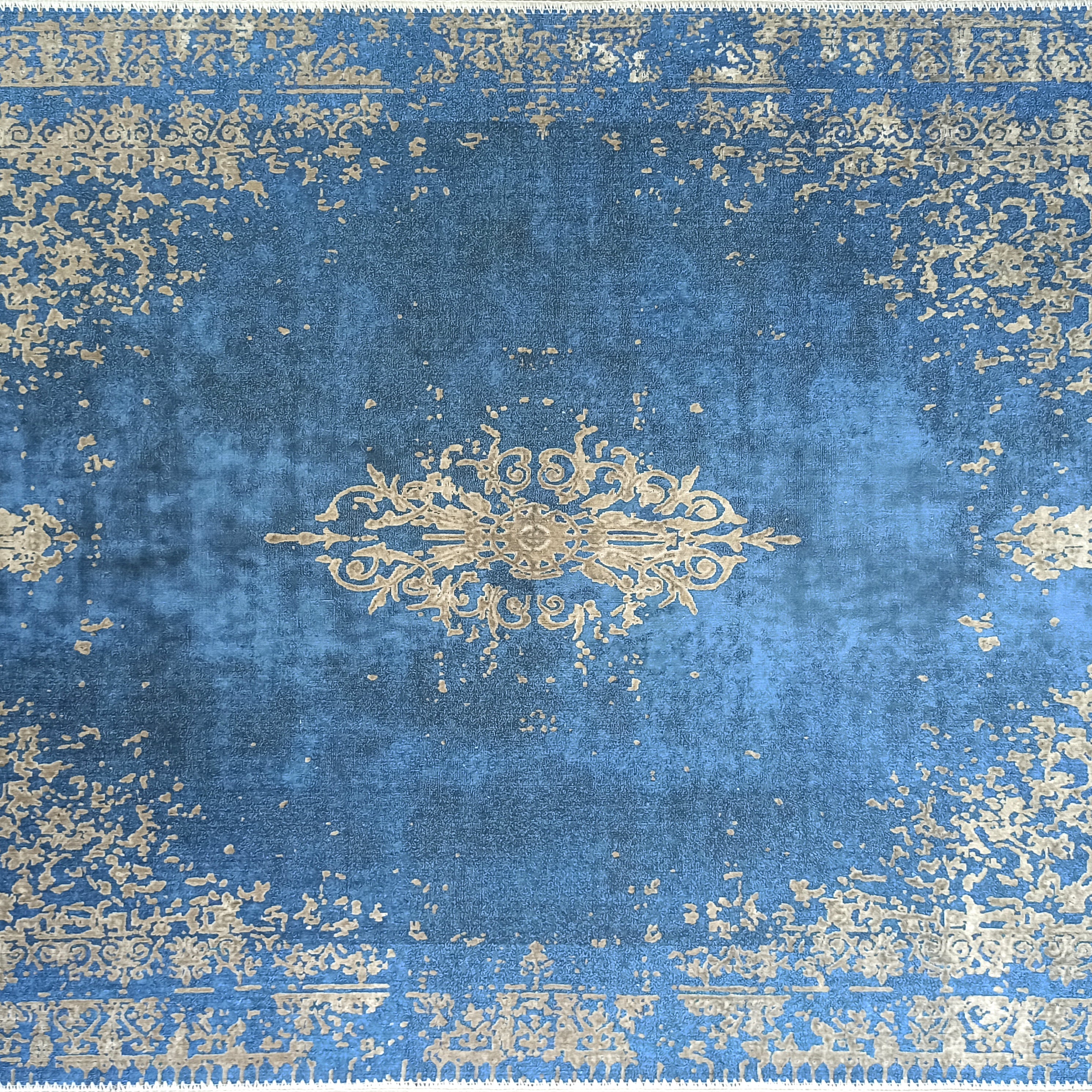 Turkish Light Blue Navy Blue Vintage Rug