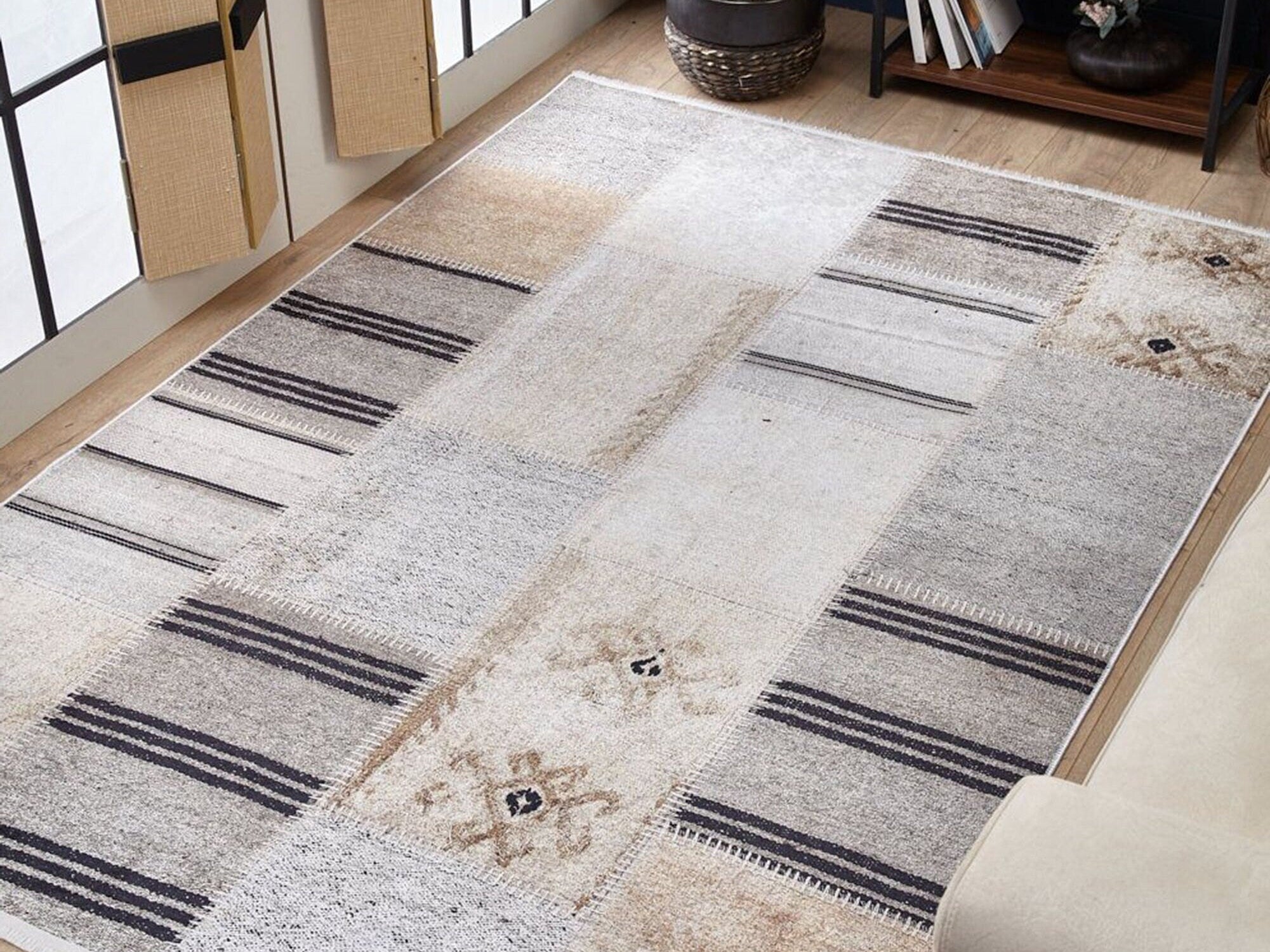 Ivan Turkish Ivory Beige and Black Rug