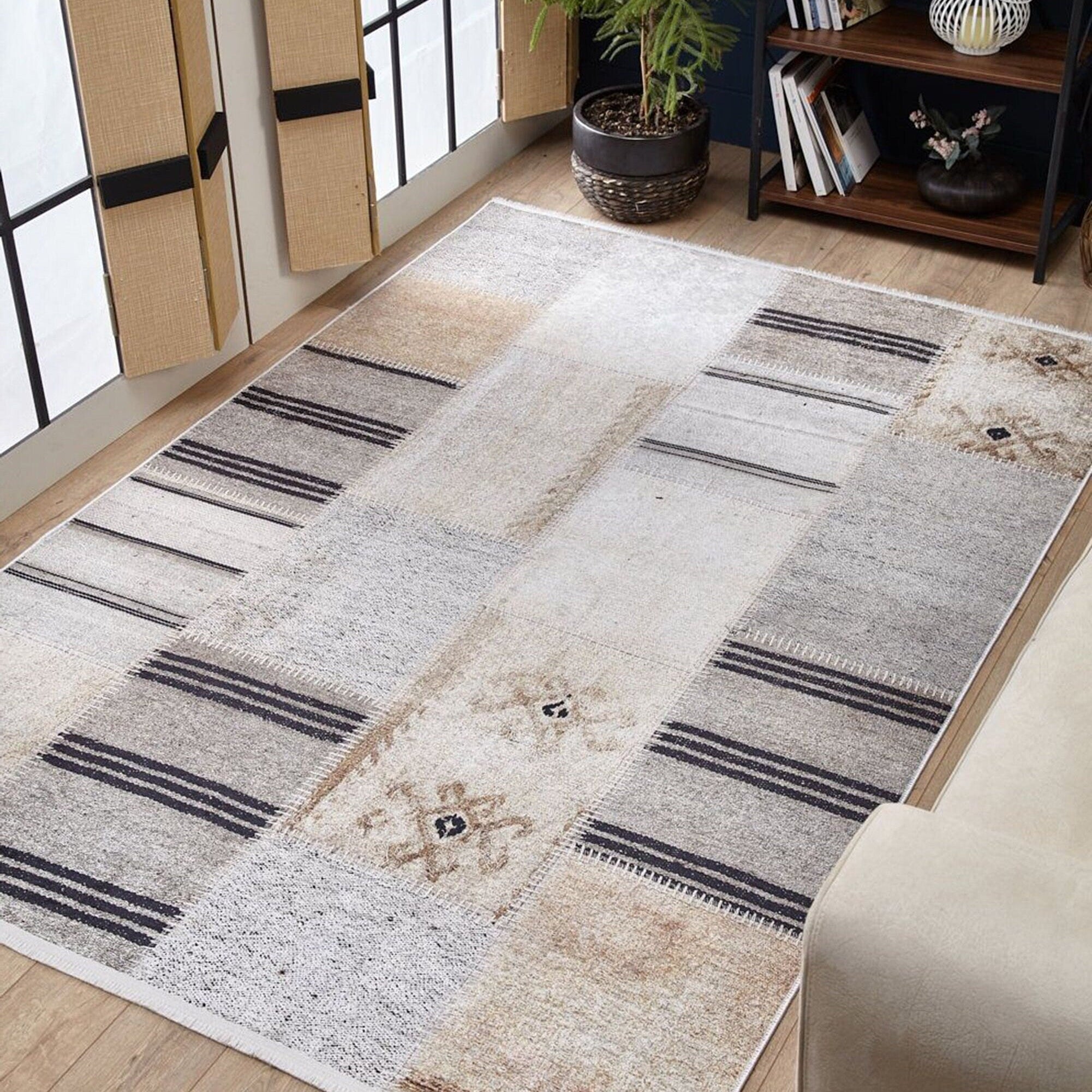 Ivan Turkish Ivory Beige and Black Rug