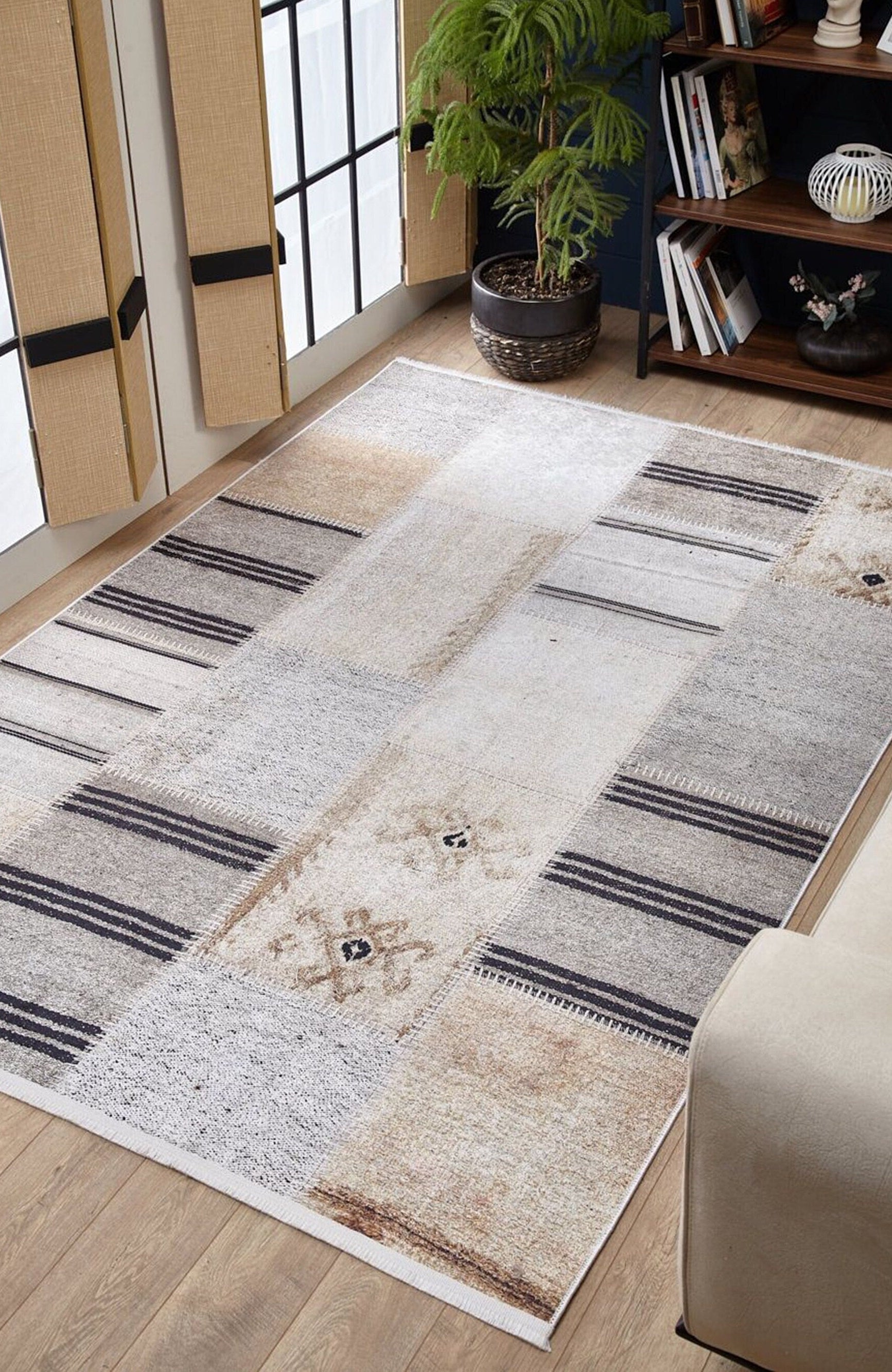 Ivan Turkish Ivory Beige and Black Rug